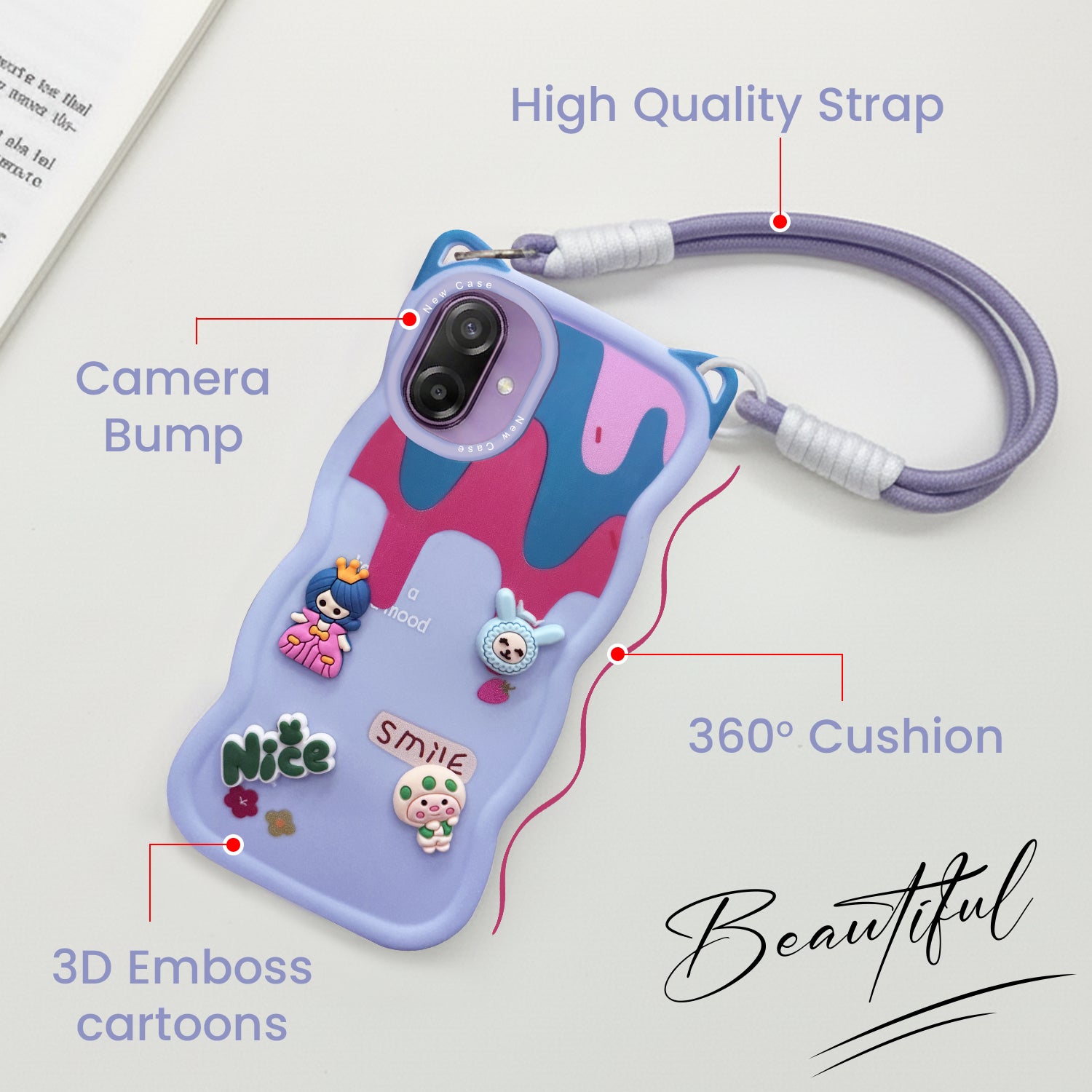 For Samsung Galaxy M17e Back Cover Case Strap (3D Embossed Figures | Strap Holder | 360* Soft Cushion with Camera Bump)