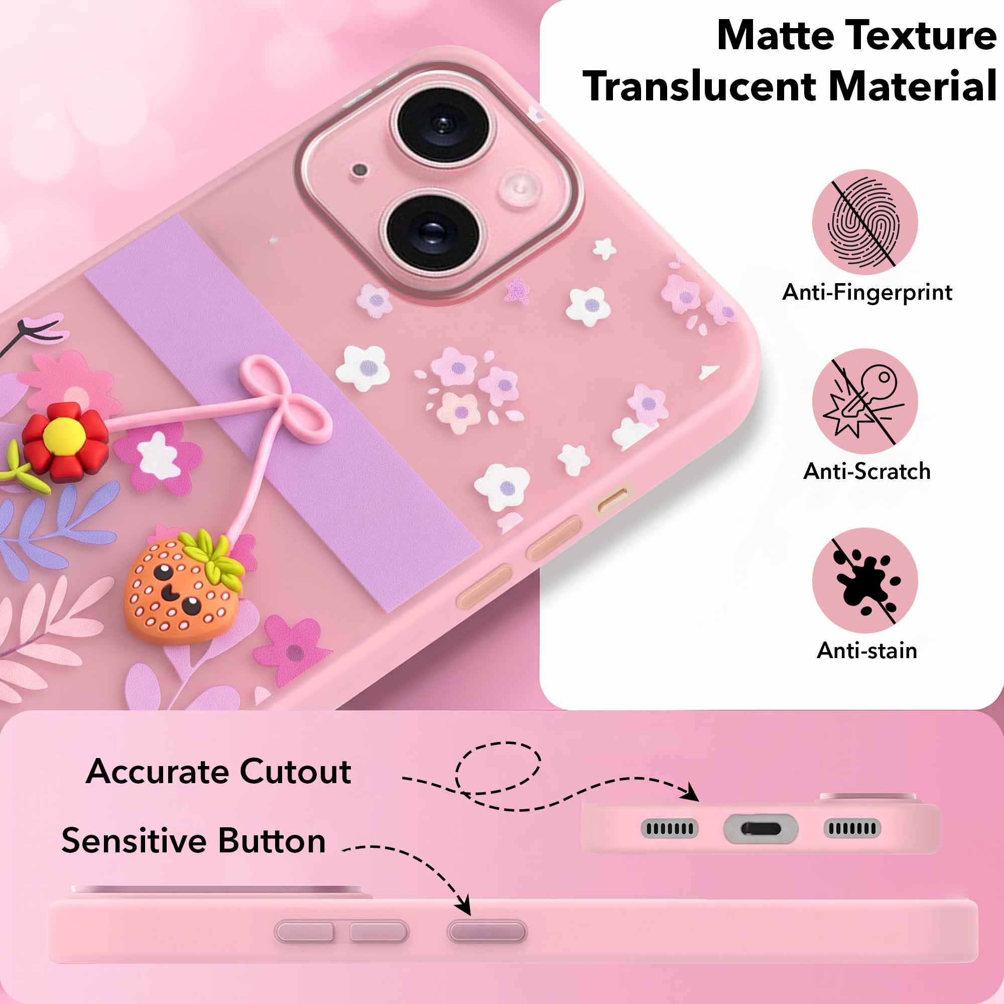 For Apple iPhone 15 Back Cover Case (3D Cute Cartoons | Hard Back Side Soft | Matte Premium Finish | HD Printing)