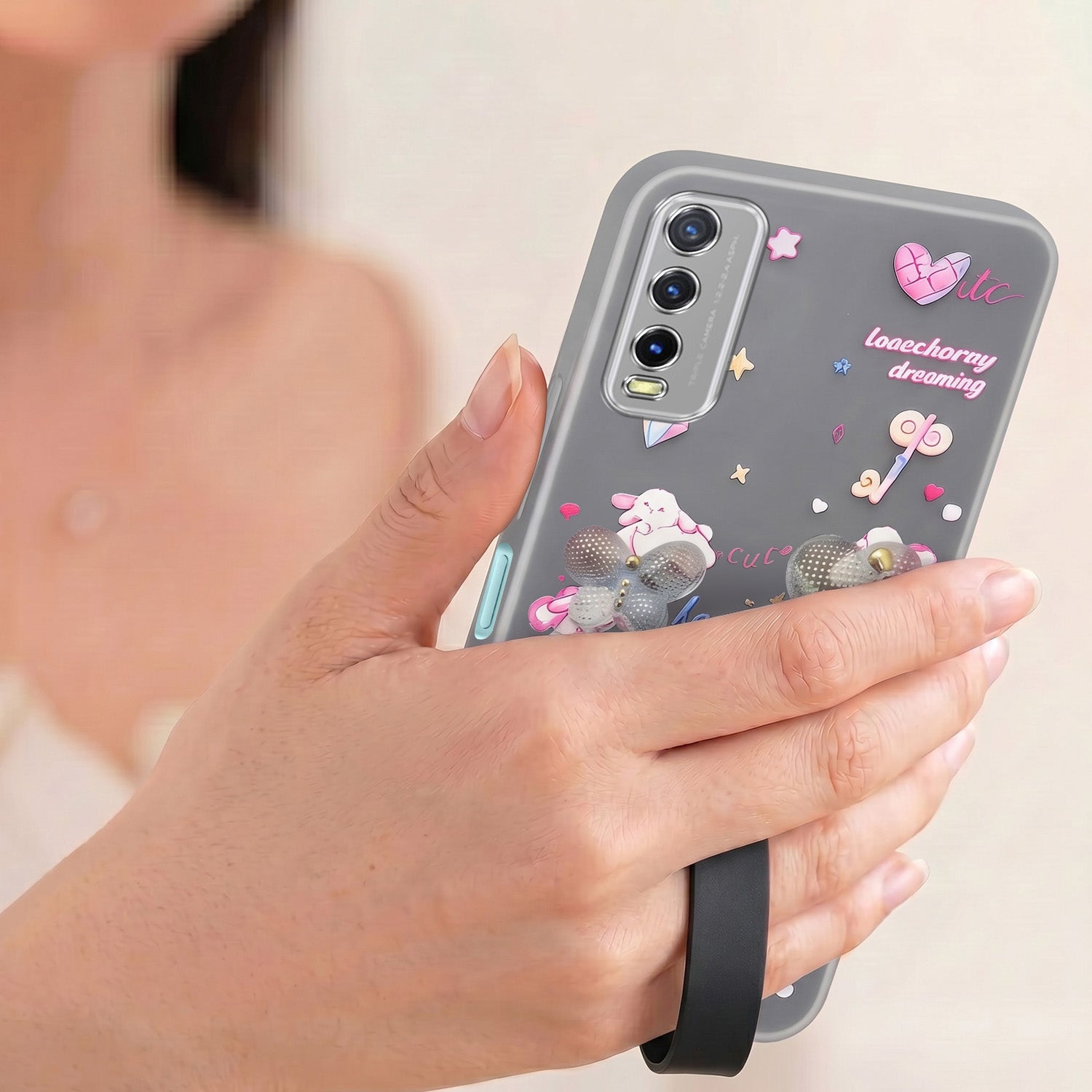 For Vivo Y20A | Y20T | Y20G Back Cover Case (3D Cute Heart Strap Holder | Camera Protection | Designer Girls Print)