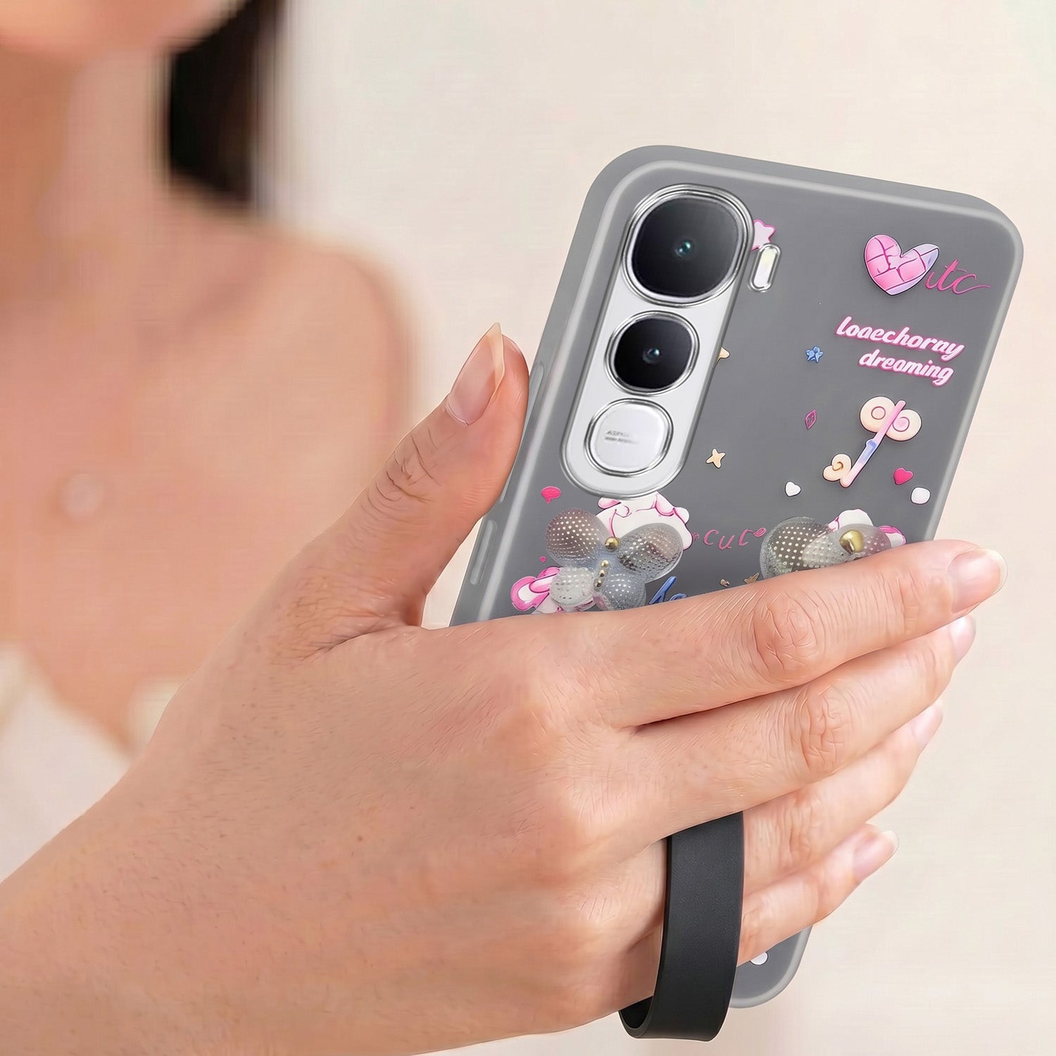 For Vivo Y400 Back Cover Case (3D Cute Heart Strap Holder | Camera Protection | Designer Girls Print)