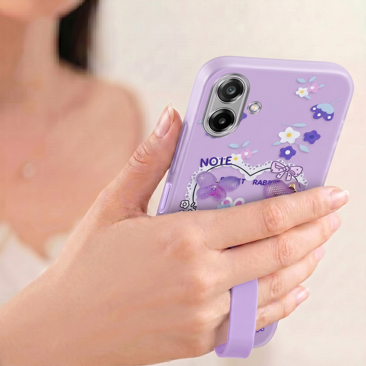 For Samsung Galaxy M17e Back Cover Case (3D Cute Heart Strap Holder | Camera Protection | Designer Girls Print)