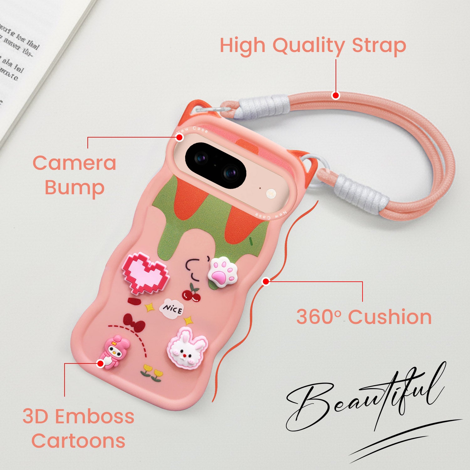 For Google Pixel 8 Back Case Cover Strap (3D Embossed Figures | Strap Holder | 360* Soft Cushion with Camera Bump)