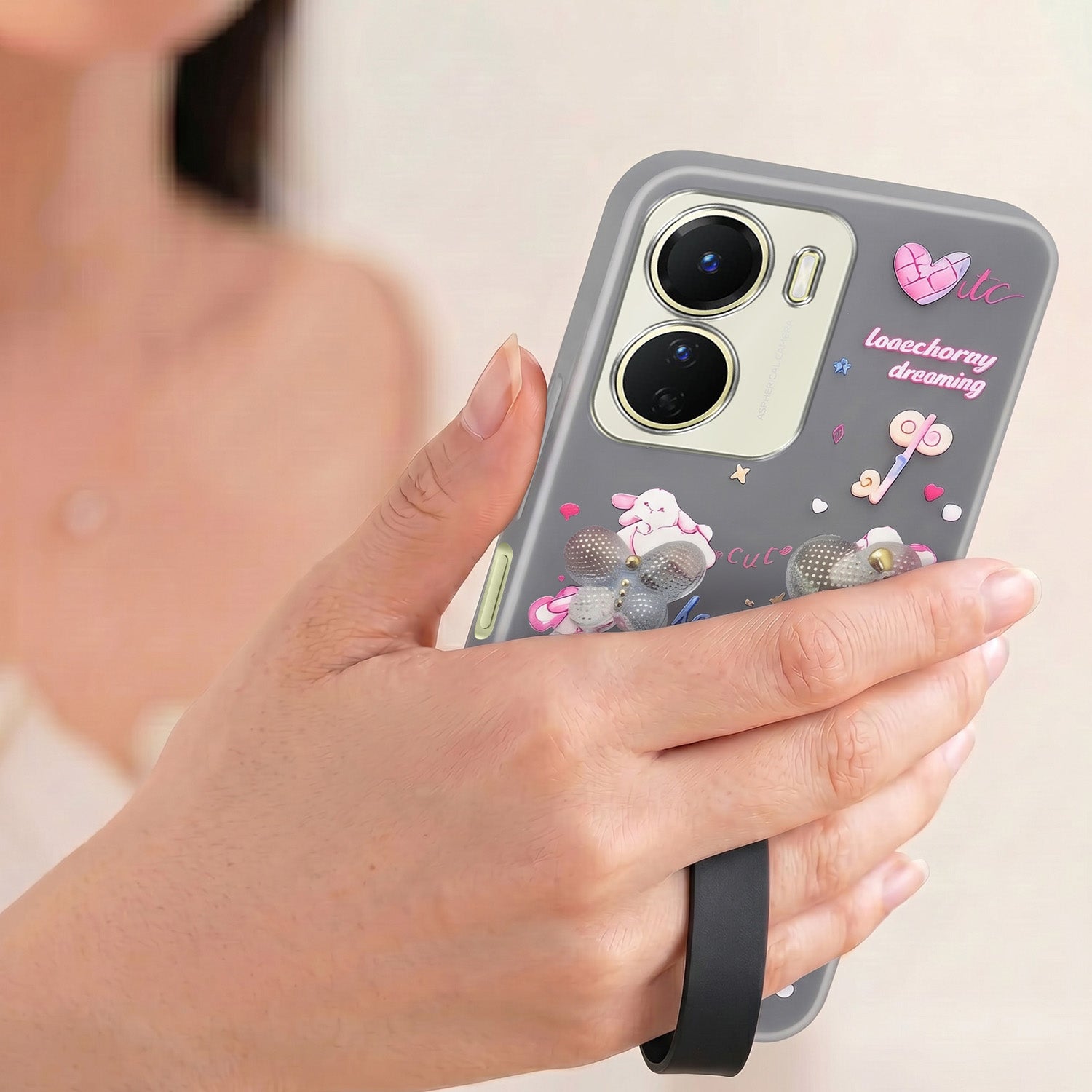 For Vivo Y16 Back Cover Case (3D Cute Heart Strap Holder | Camera Protection | Designer Girls Print)