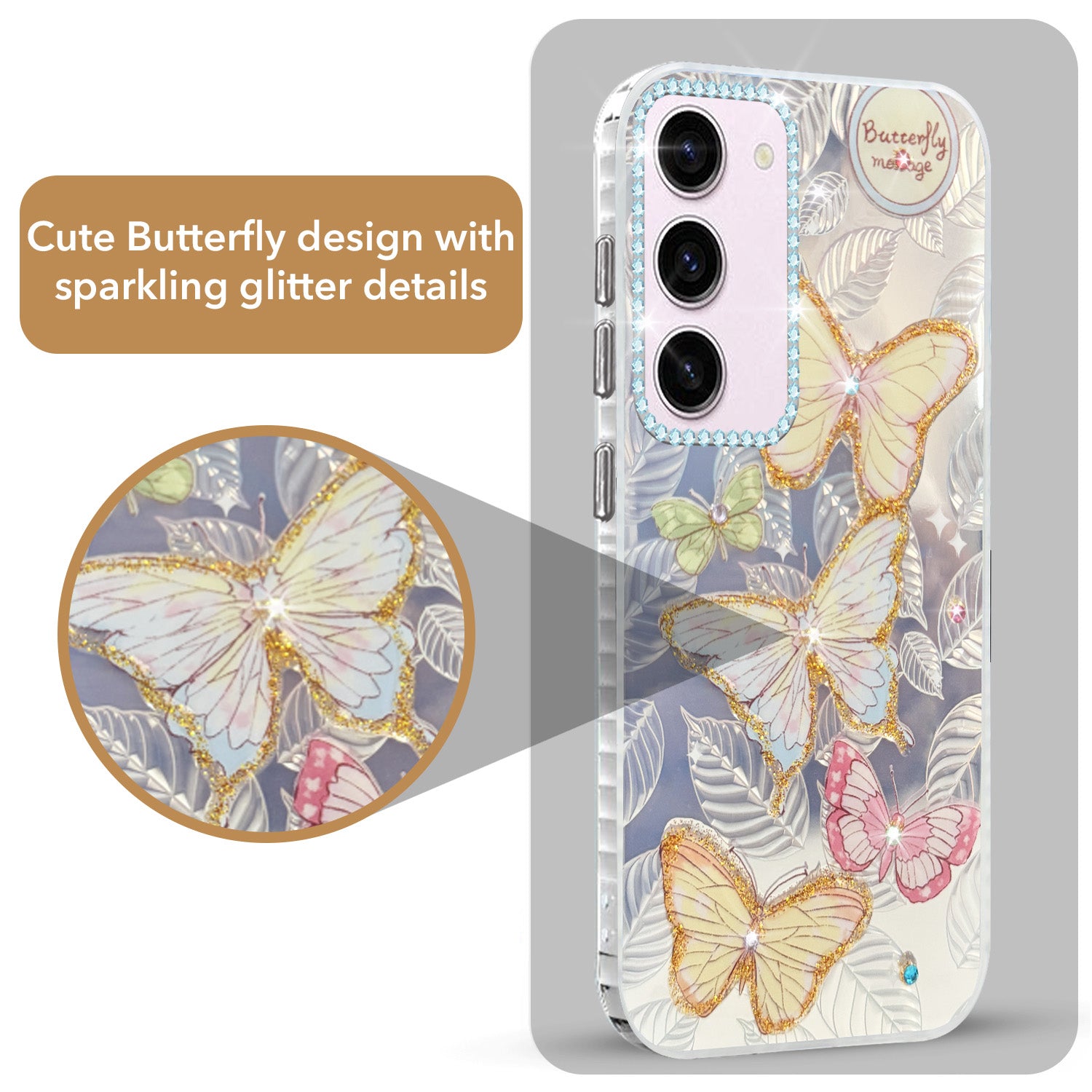For Samsung Galaxy S23 5G Back Cover Case (Luxury Floral Glitter Cute Butterfly | Diamond Studded Camera Bump | Girls & Women Design)