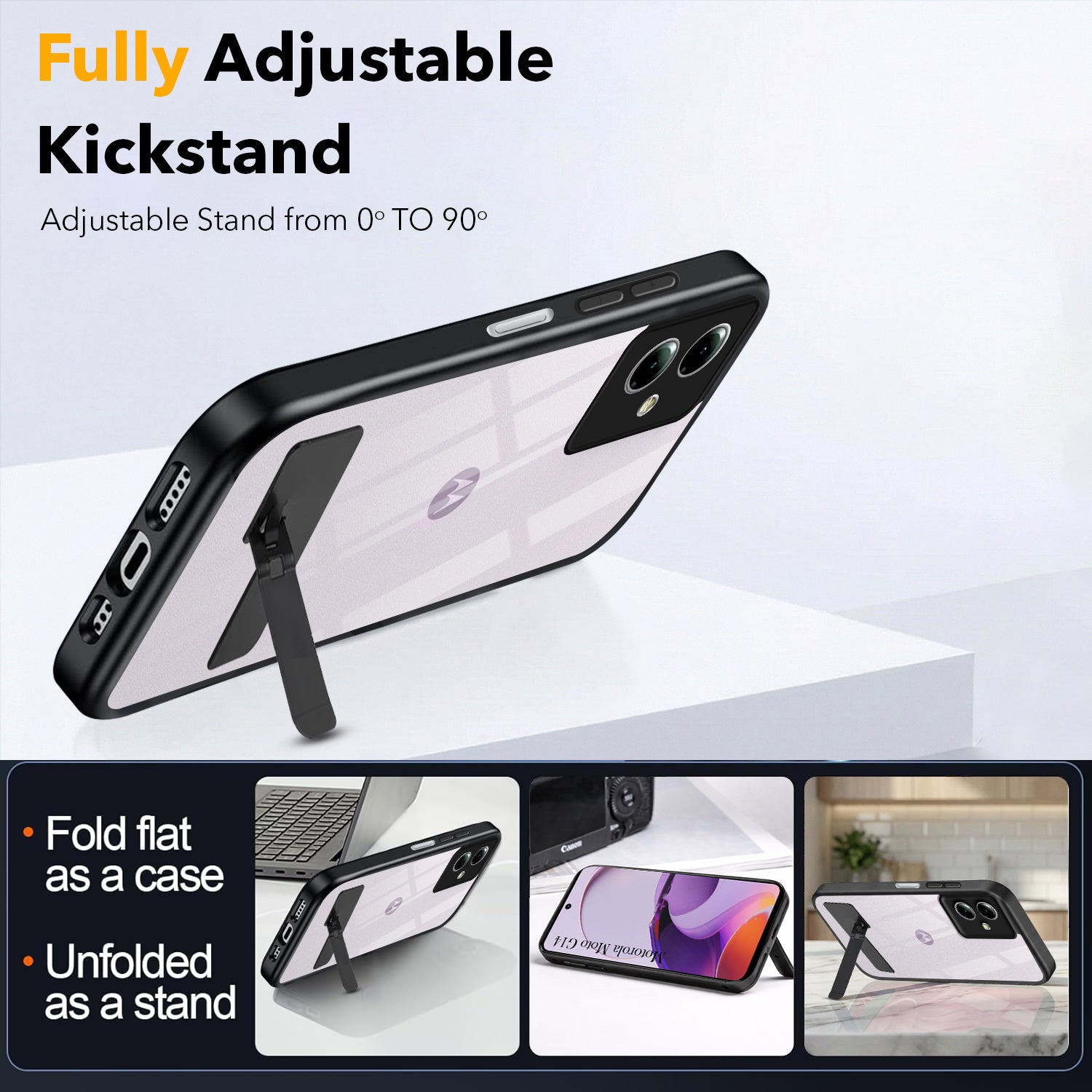 For Motorola Moto G14 Back Cover Case (Built-in Stand | Lifetime Anti Yellow | Kickstand Shockproof | Camera Protection | MagSafe Compatible)