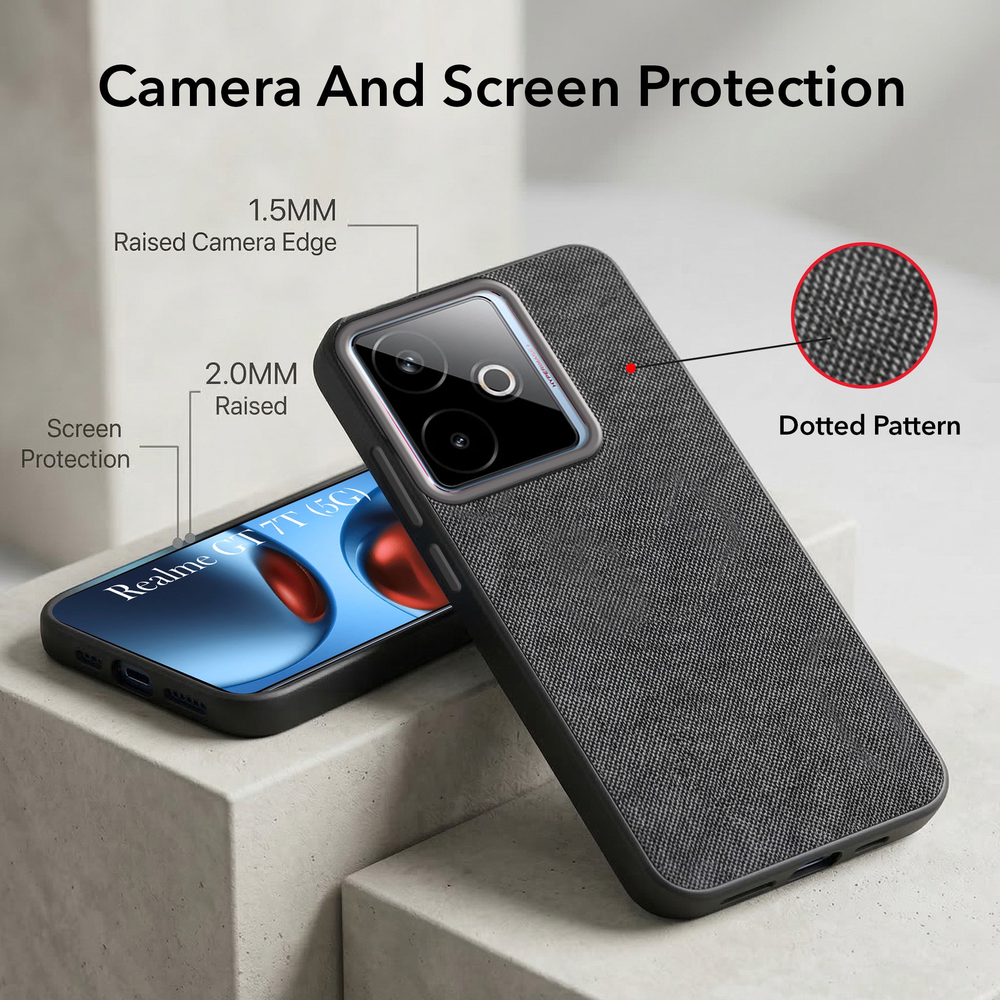 For Realme GT 7T Combo with Back Cover and 9H Tempered Glass (Textured Grip Design | Micro-Fiber Cloth Inside | Oleophobic Coating Screen Glass)