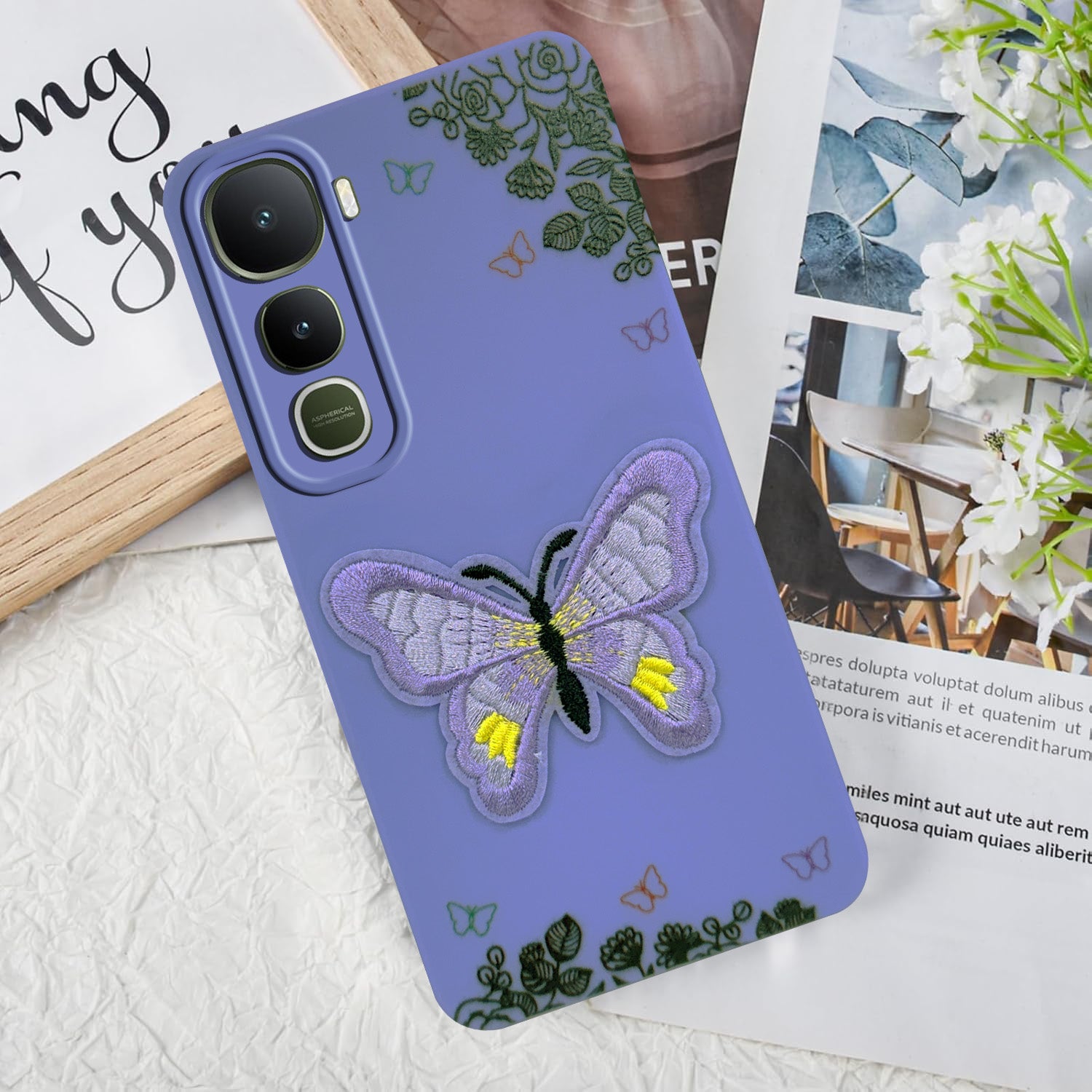 For Vivo Y400 Back Cover Case (Soft Butterfly Embroidery | Women Teen Girls | Camera Protection| Matte Silicone)