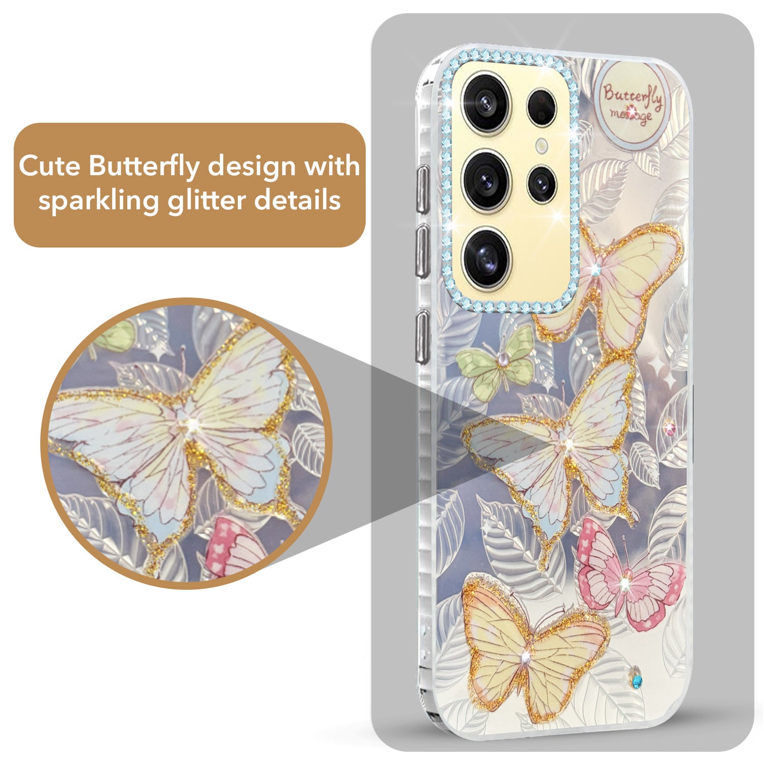 For Samsung Galaxy S24 Ultra Back Cover Case (Luxury Floral Glitter Cute Butterfly | Diamond Studded Camera Bump | Girls & Women Design)