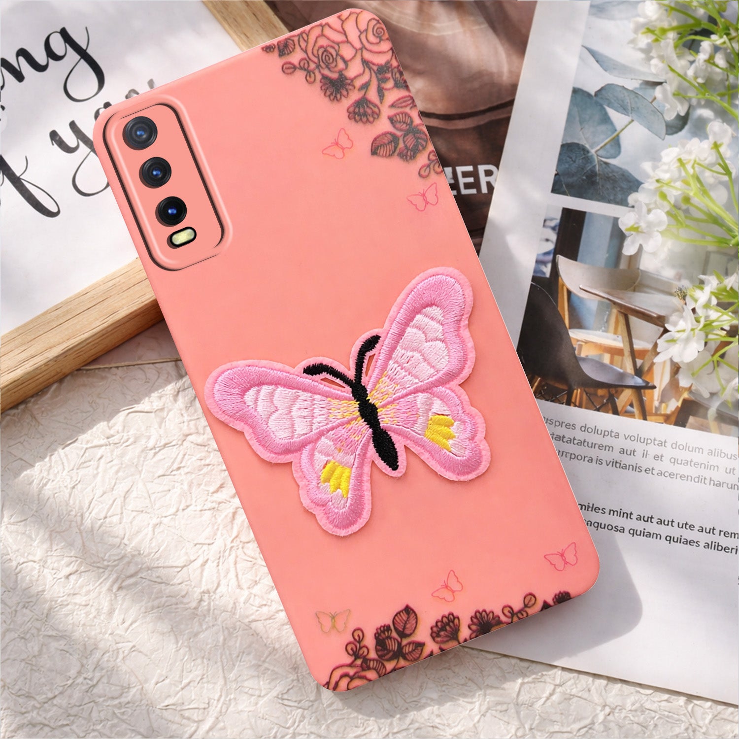 For Vivo Y20A | Y20T | Y20G Back Cover Case (Soft Butterfly Embroidery | Women Teen Girls | Camera Protection| Matte Silicone)