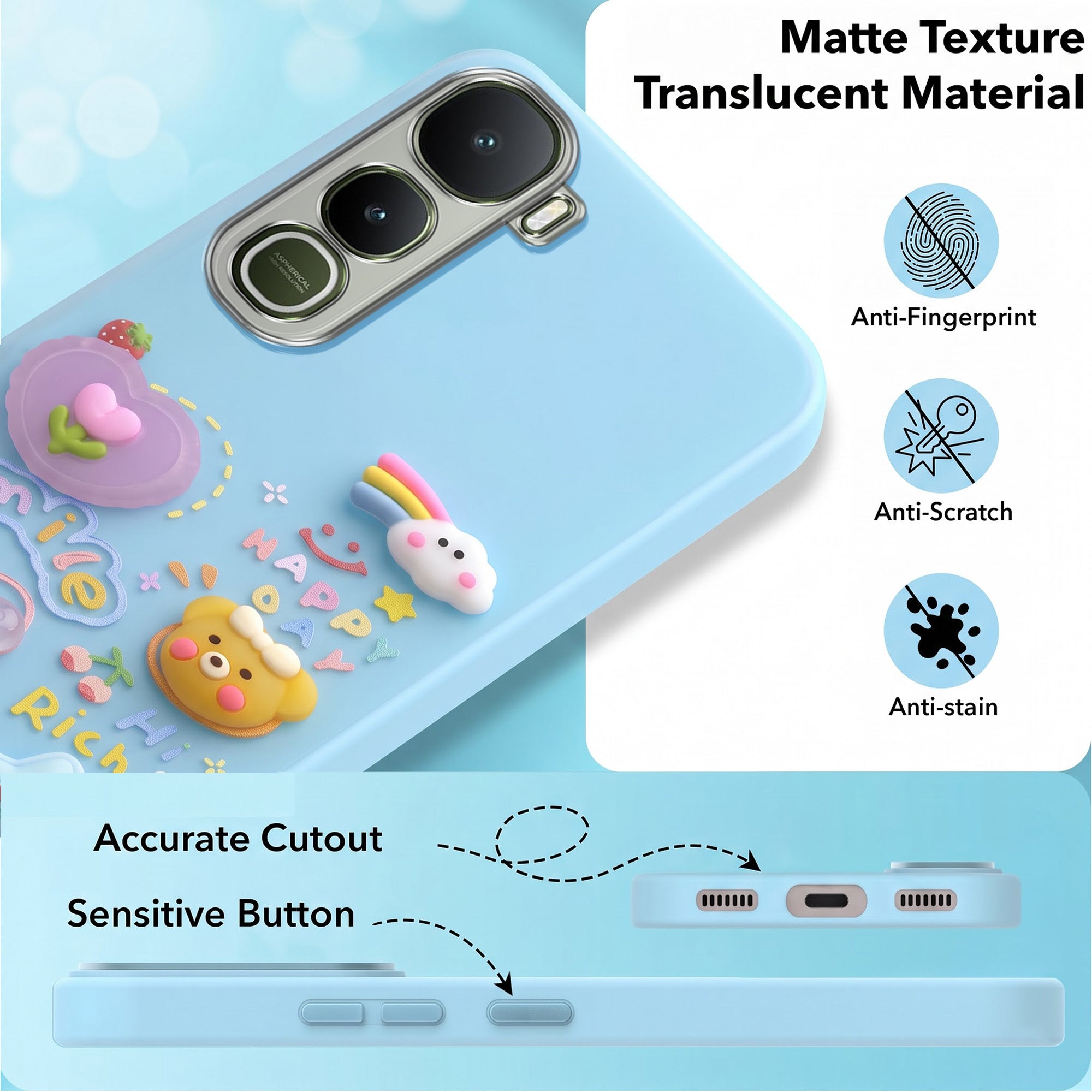 For Vivo Y400 Back Cover Case (3D Cute Cartoons | Hard Back Side Soft | Matte Premium Finish | HD Printing)