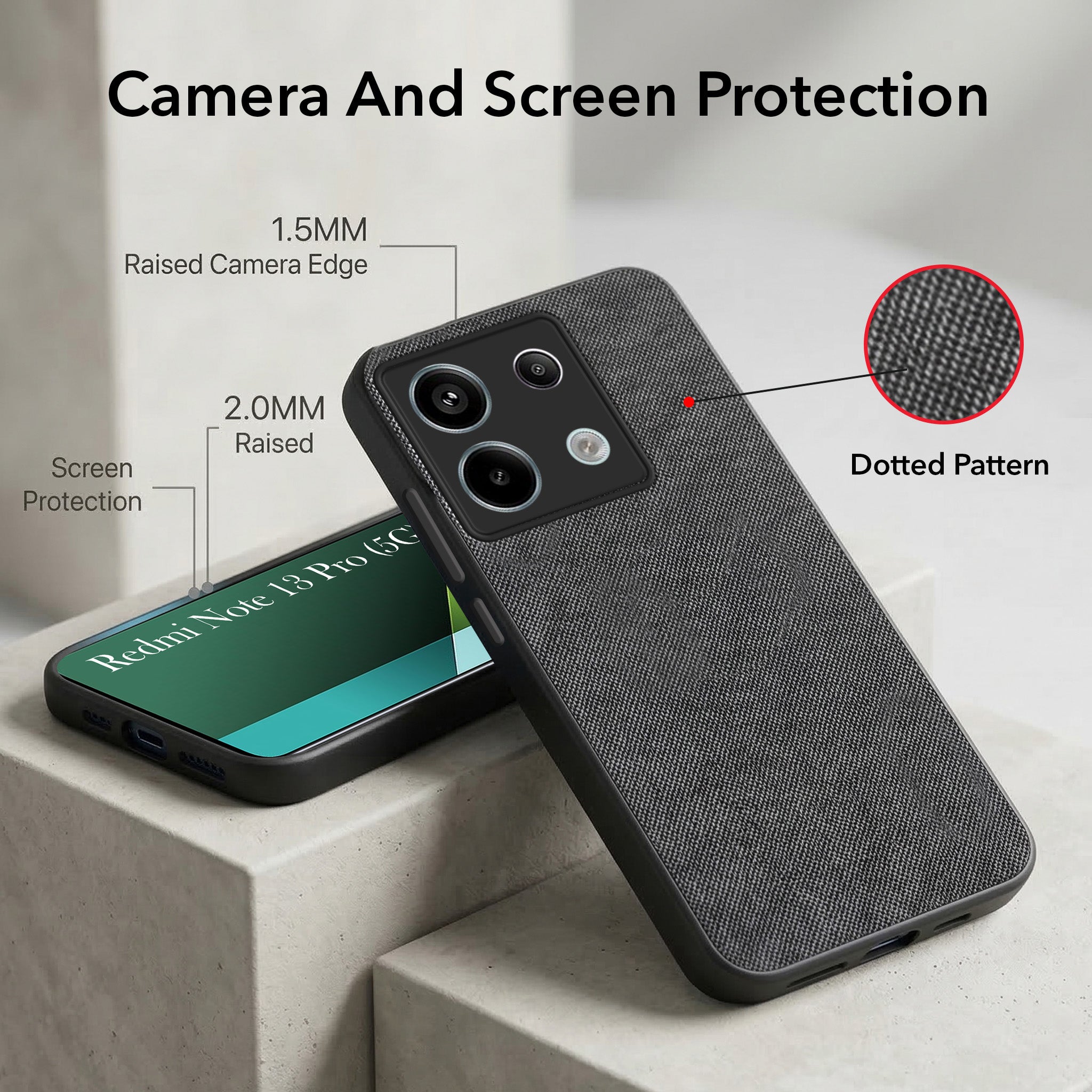 For Redmi Note 13 Pro Combo with Back Cover and 9H Tempered Glass (Textured Grip Design | Micro-Fiber Cloth Inside | Oleophobic Coating Screen Glass)
