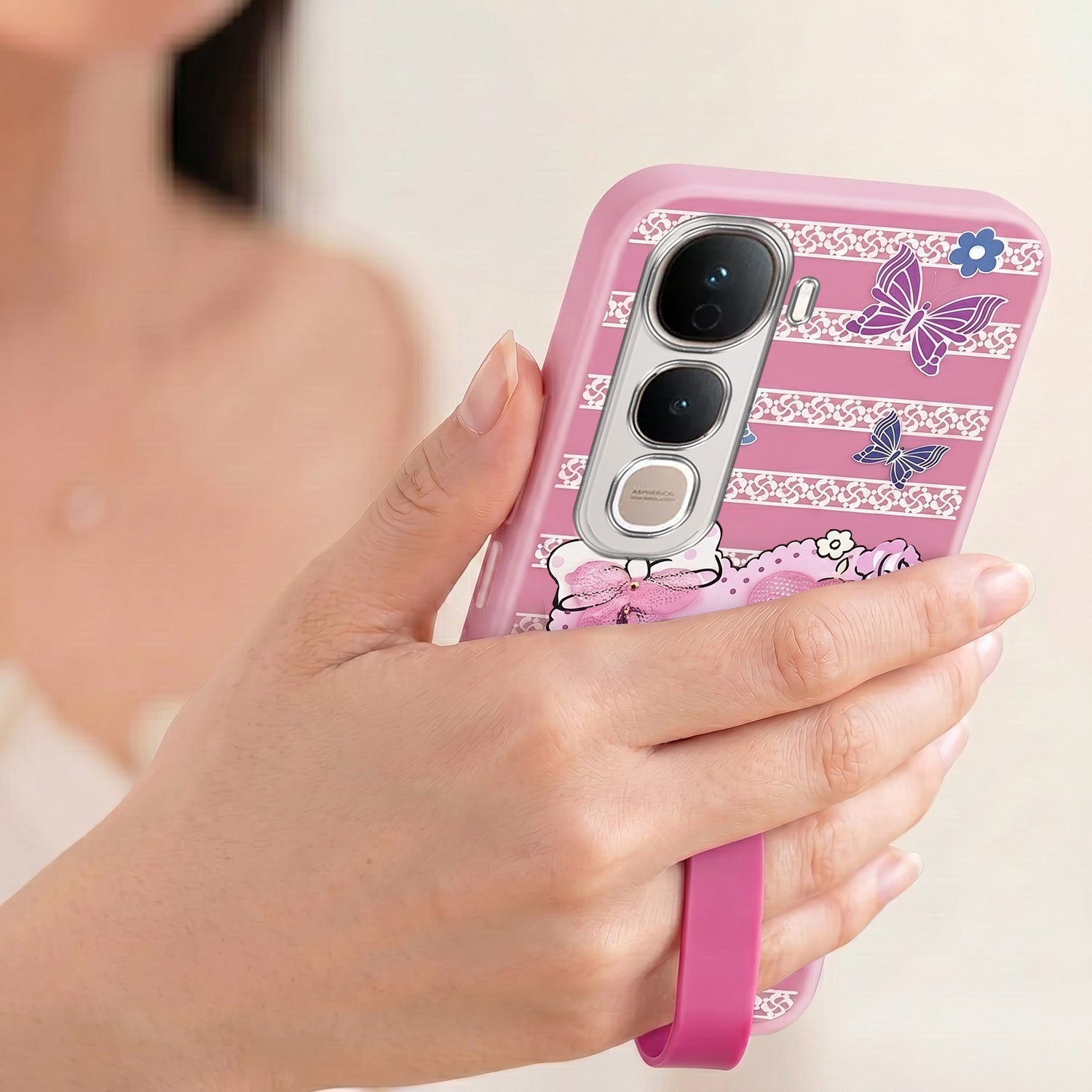 For Vivo Y400 Pro Back Cover Case (3D Cute Heart Strap Holder | Camera Protection | Designer Girls Print)