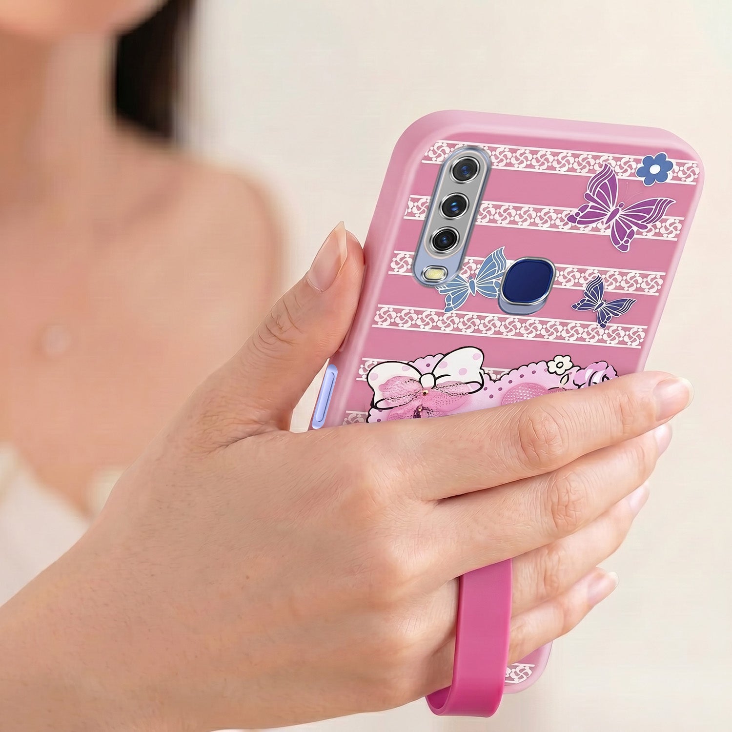 For Vivo Y12 | Y15 | Y17 Back Cover Case (3D Cute Heart Strap Holder | Camera Protection | Designer Girls Print)
