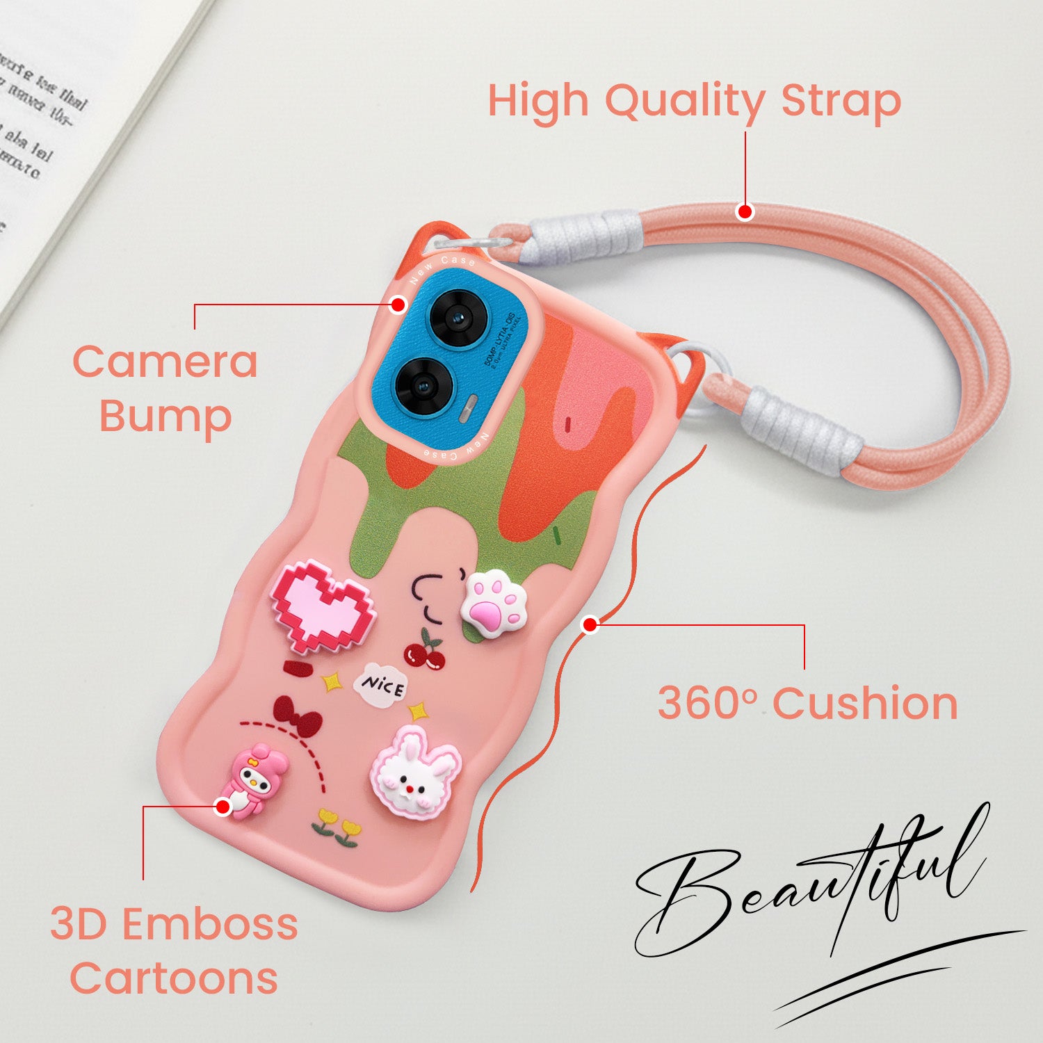 For Motorola Moto G96 Back Case Cover Strap (3D embossed Figures | Strap Holder | 360* Soft Cushion with Camera Bump)