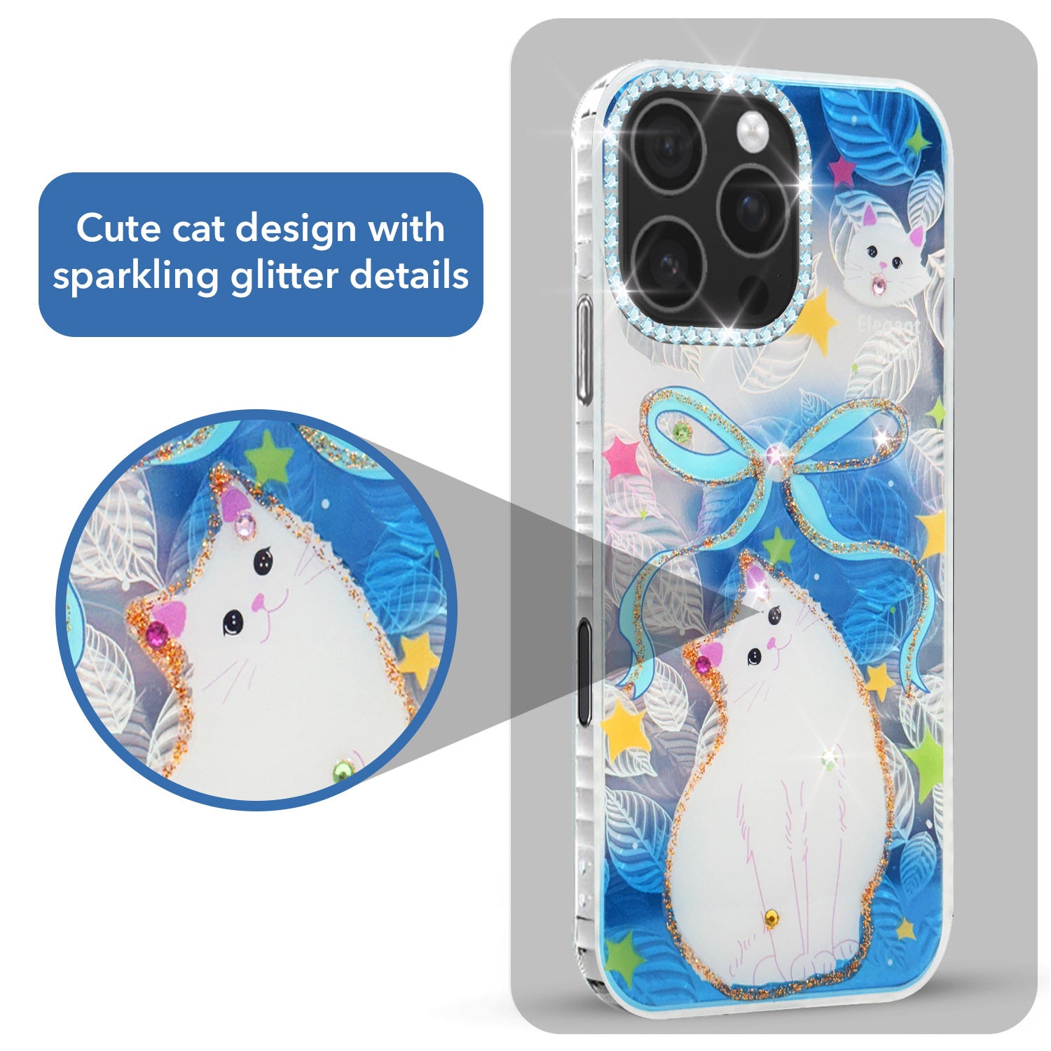 For iPhone 16 Pro Max Back Cover Case (Luxury Floral Glitter Cute Butterfly | Diamond Studded Camera Bump | Girls & Women Design)
