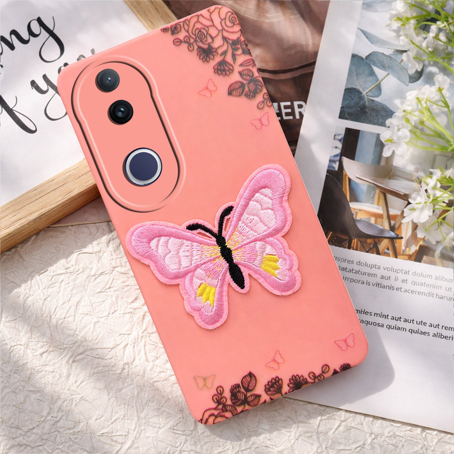 For Vivo T4R Back Cover Case (Soft Butterfly Embroidery | Women Teen Girls | Camera Protection| Matte Silicone)