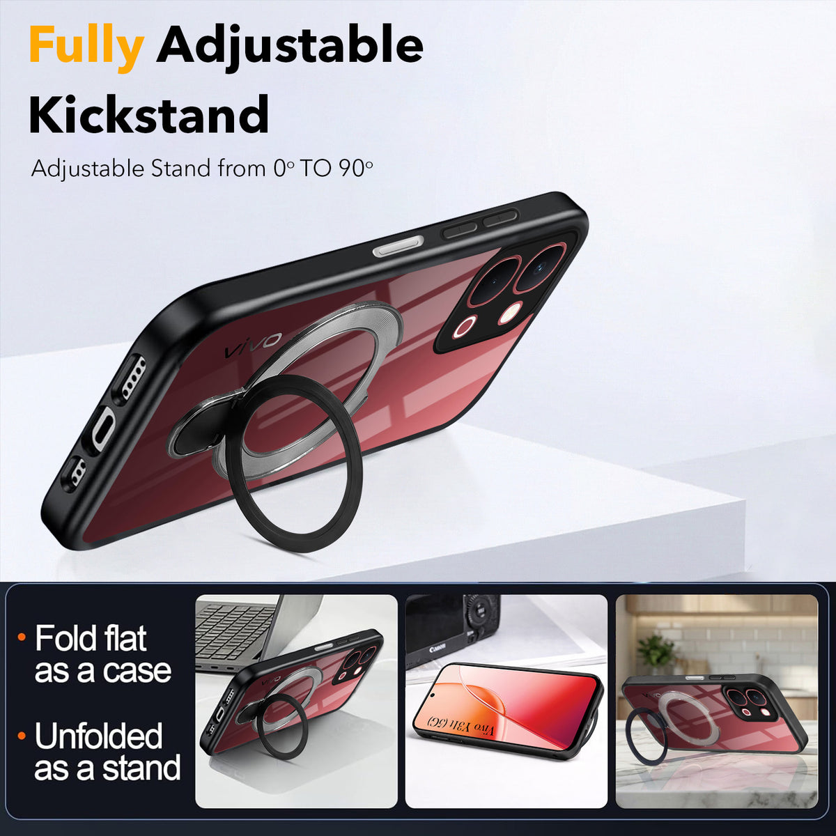 For Vivo Y31T 5G ack Cover Case (Kick Stand Ring Holder | Life time Anti Yellow | Camera Protection)