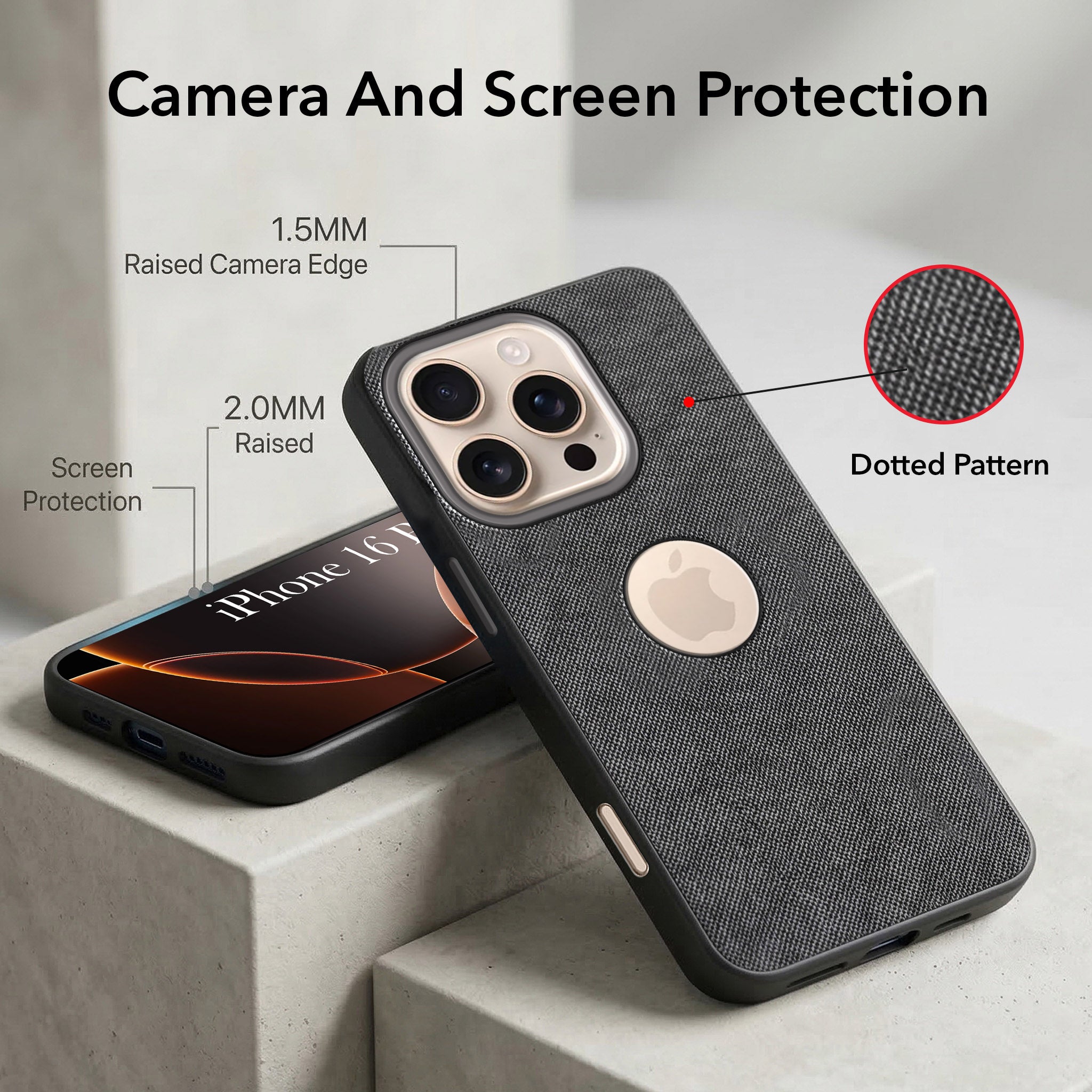 For Apple iPhone 16 Pro Max Combo with Back Cover and 9H Tempered Glass (Textured Grip Design | Micro-Fiber Cloth Inside | Oleophobic Coating Screen Glass)