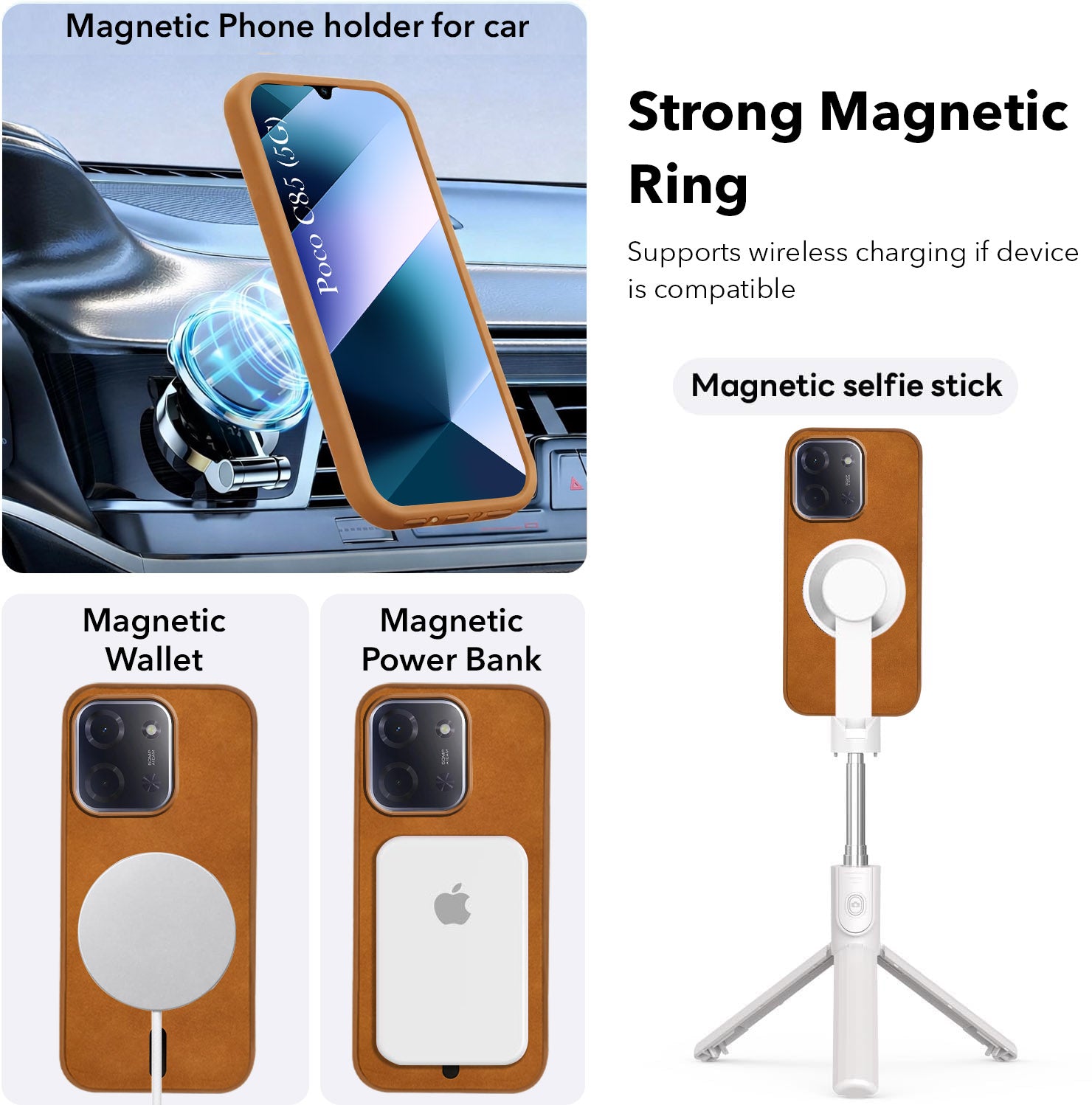 For Poco C85 5G Back Cover Case Leather Finish  (MagSafe Compatible Wireless Charging | Soft Touch | Camera Bump Protection)