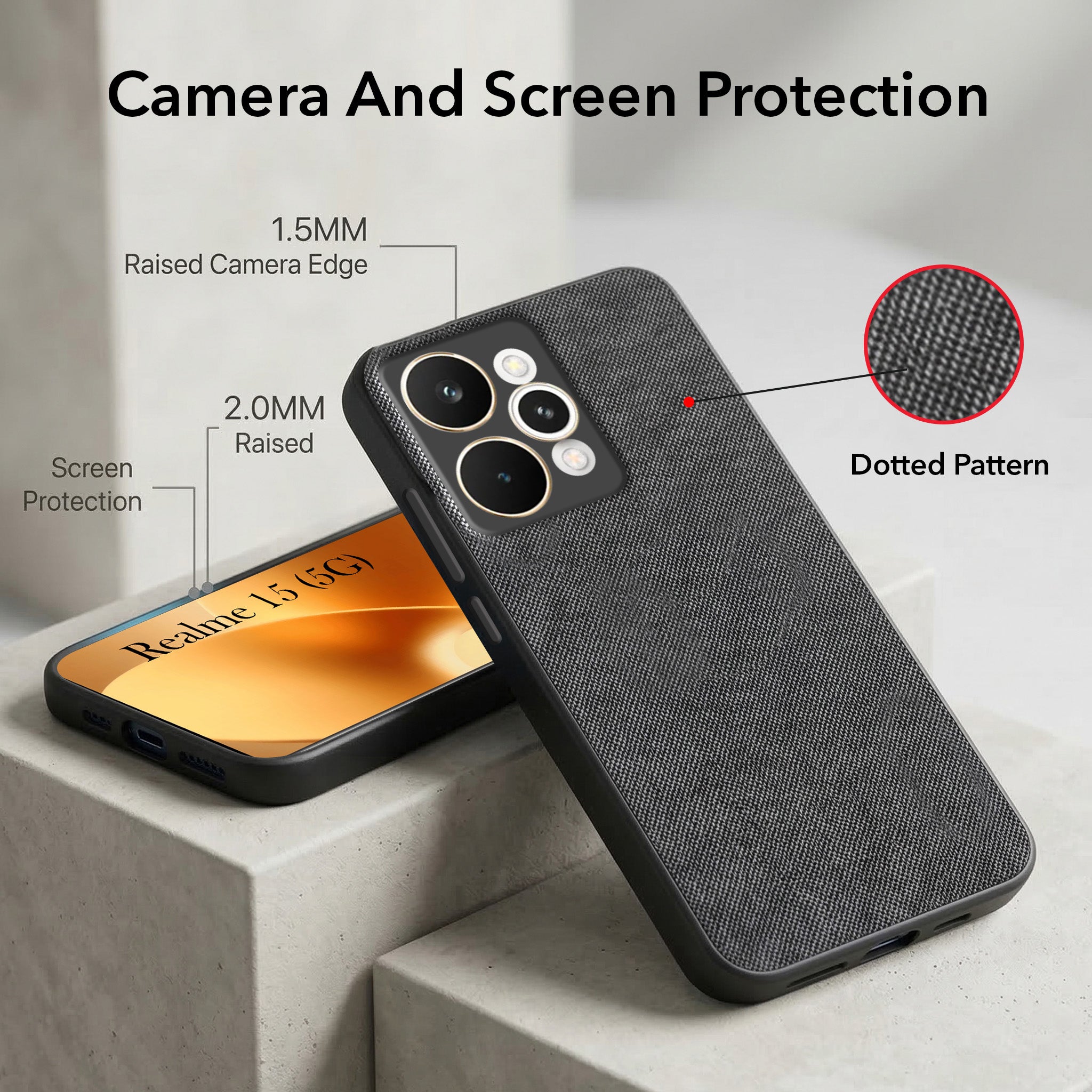For Realme 15 Combo with Back Cover and 9H Tempered Glass (Textured Grip Design | Micro-Fiber Cloth Inside | Oleophobic Coating Screen Glass)