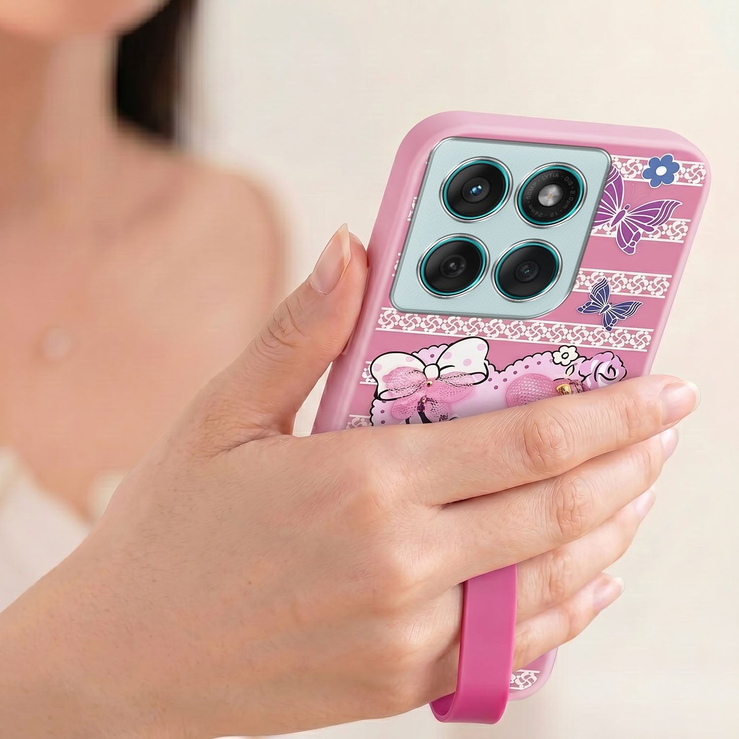 For Motorola Moto Edge 60 Fusion Back Cover Case (3D Cute Heart Strap Holder | Camera Protection | Designer Girls Print)