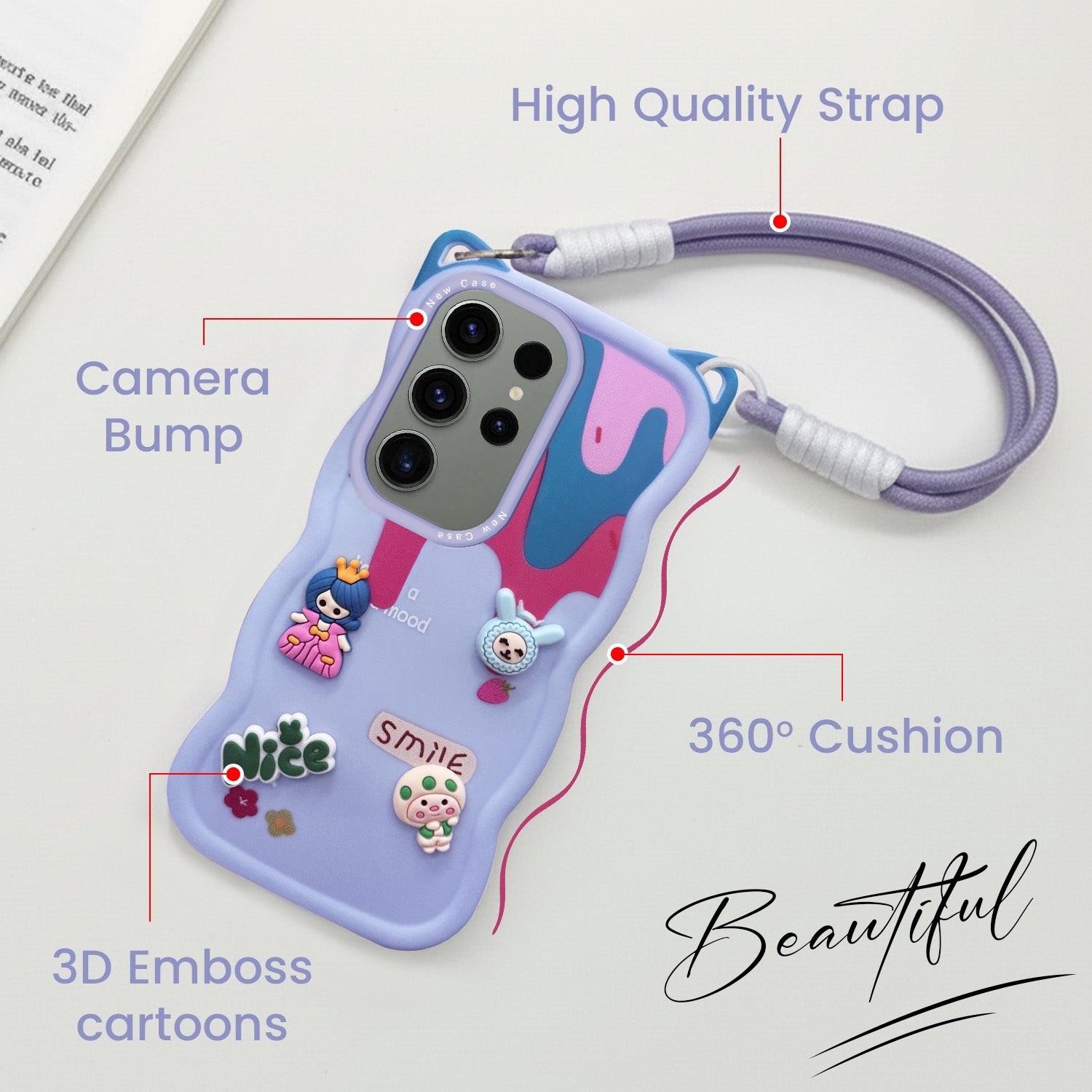 For Samsung Galaxy S23 Ultra Back Case Cover Strap (3D embossed Figures | Strap Holder | 360* Soft Cushion with Camera Bump)