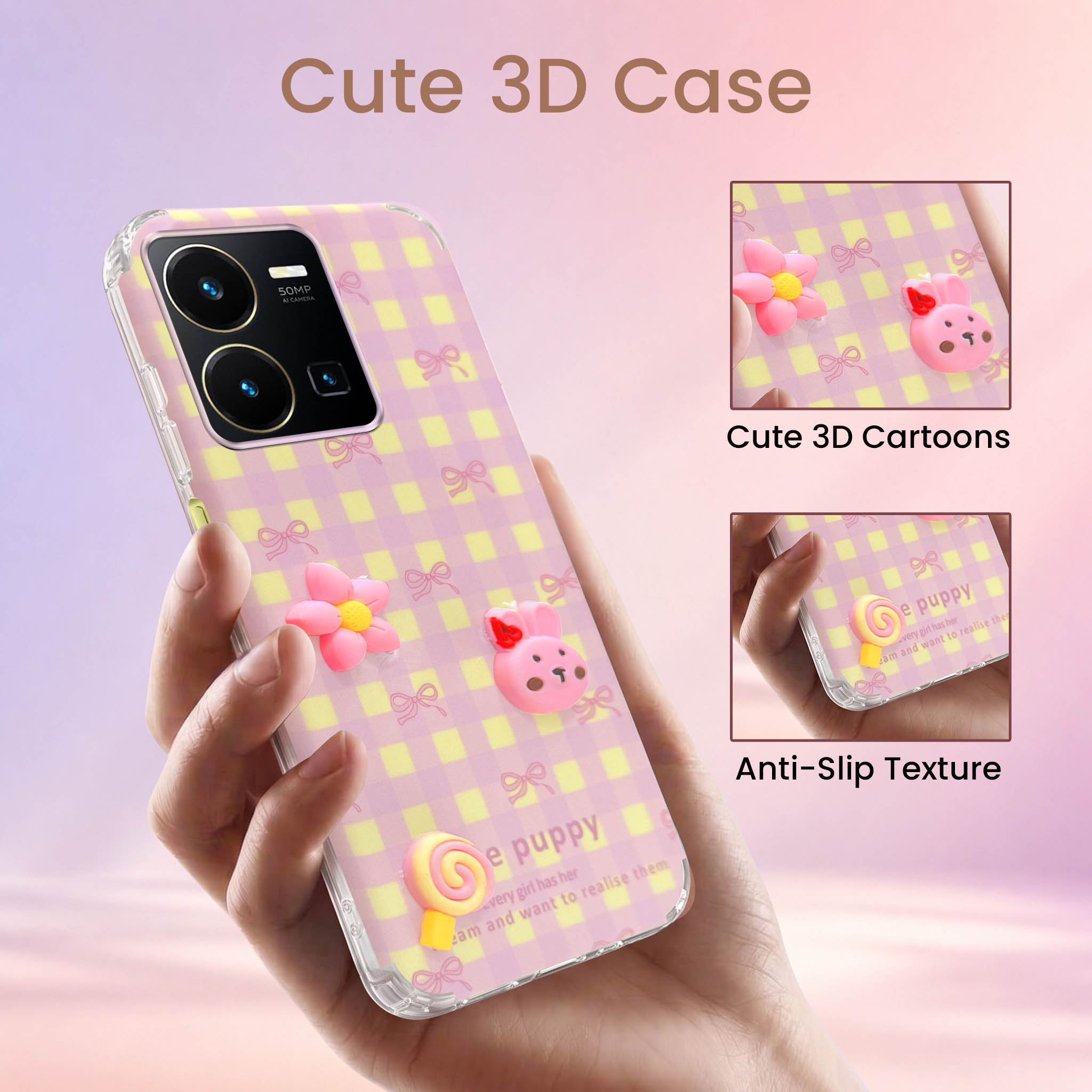 For Vivo Y35 Back Cover Case (3D Cute Cartoons | Hard Back Side Soft | Matte Premium Finish | HD Printing)