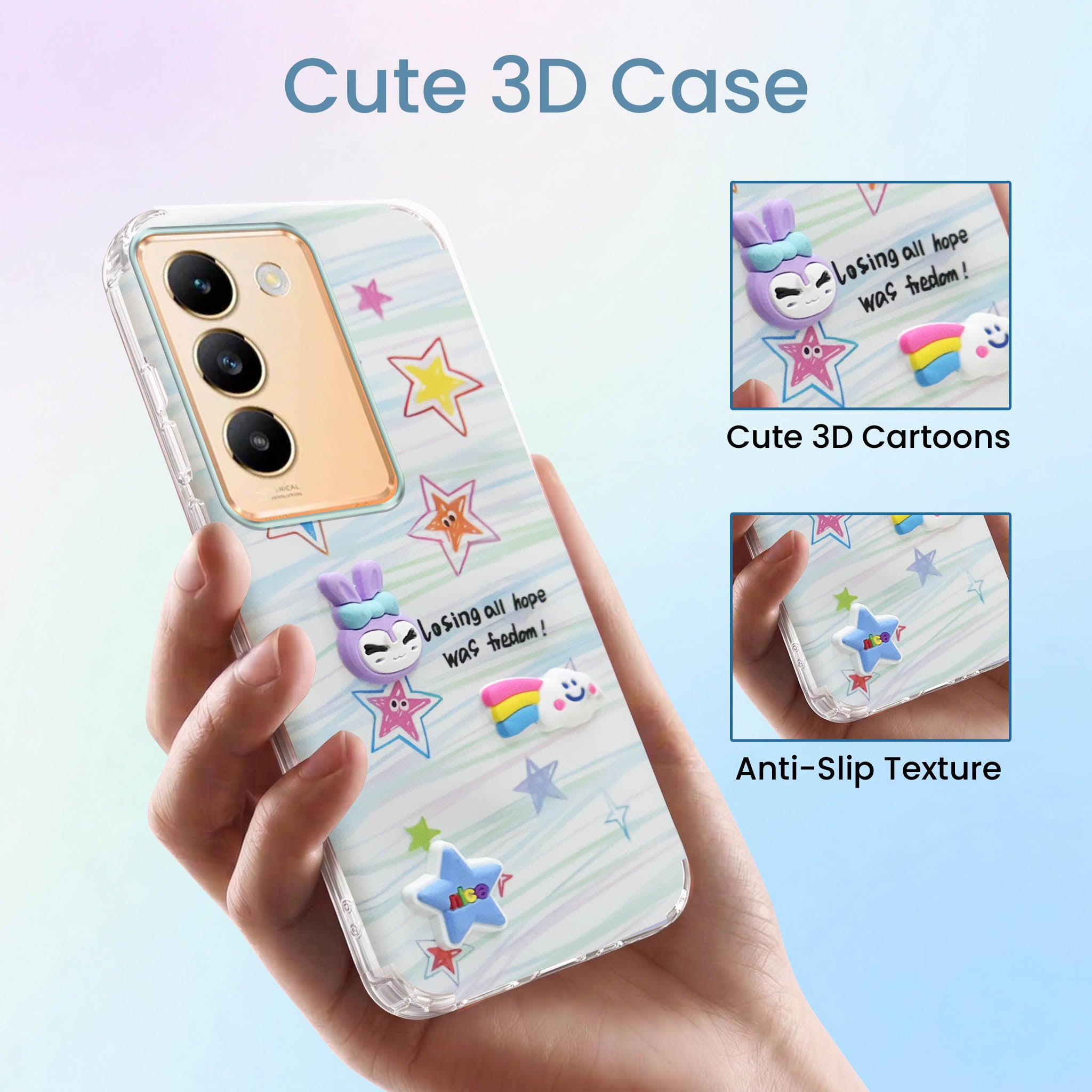 For Vivo Y200e Back Cover Case (3D Cute Cartoons | Hard Back Side Soft | Matte Premium Finish | HD Printing)