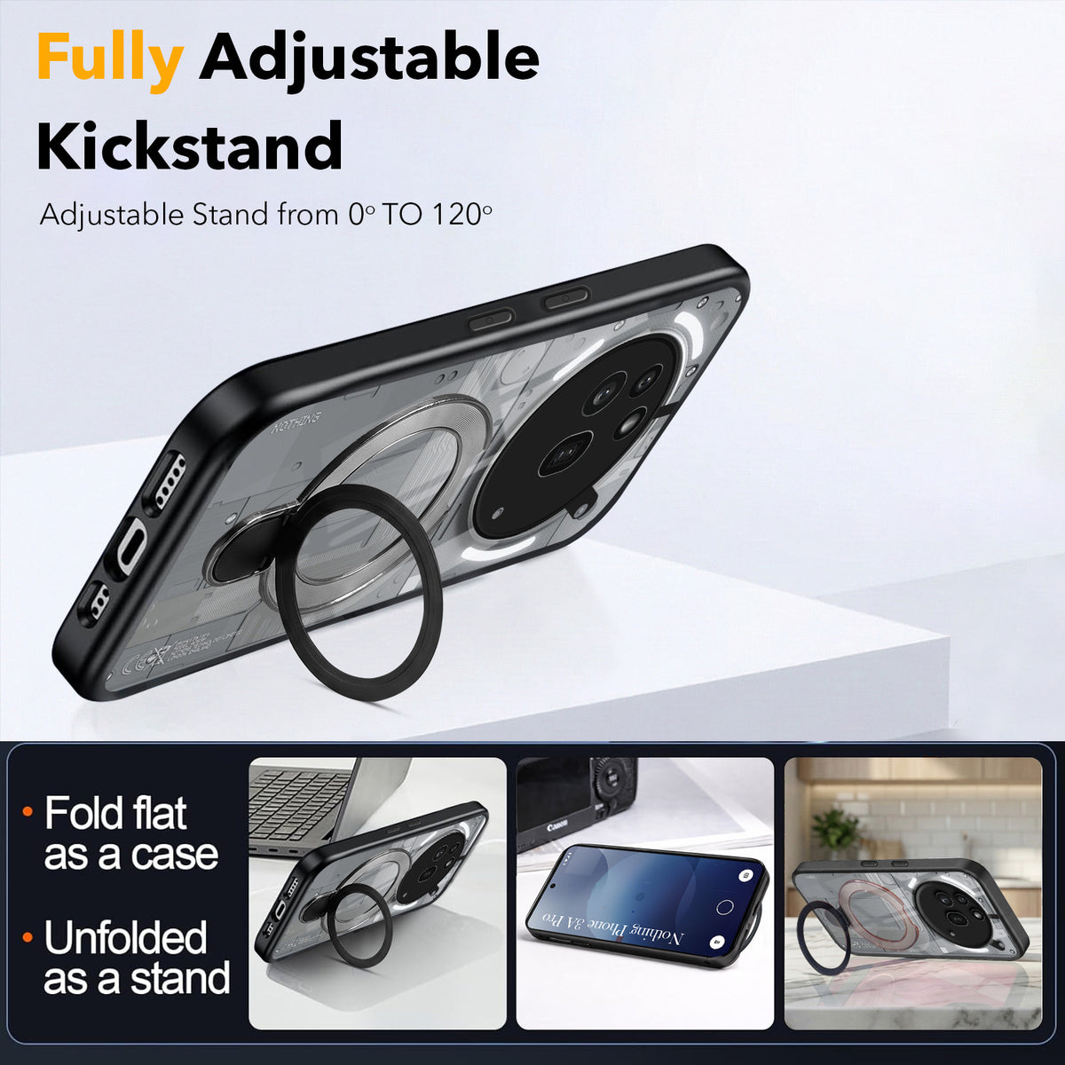 For Nothing Phone 3A Pro 5G Back Cover Case (Kick Stand Ring Holder | Life time Anti Yellow | Camera Protection)