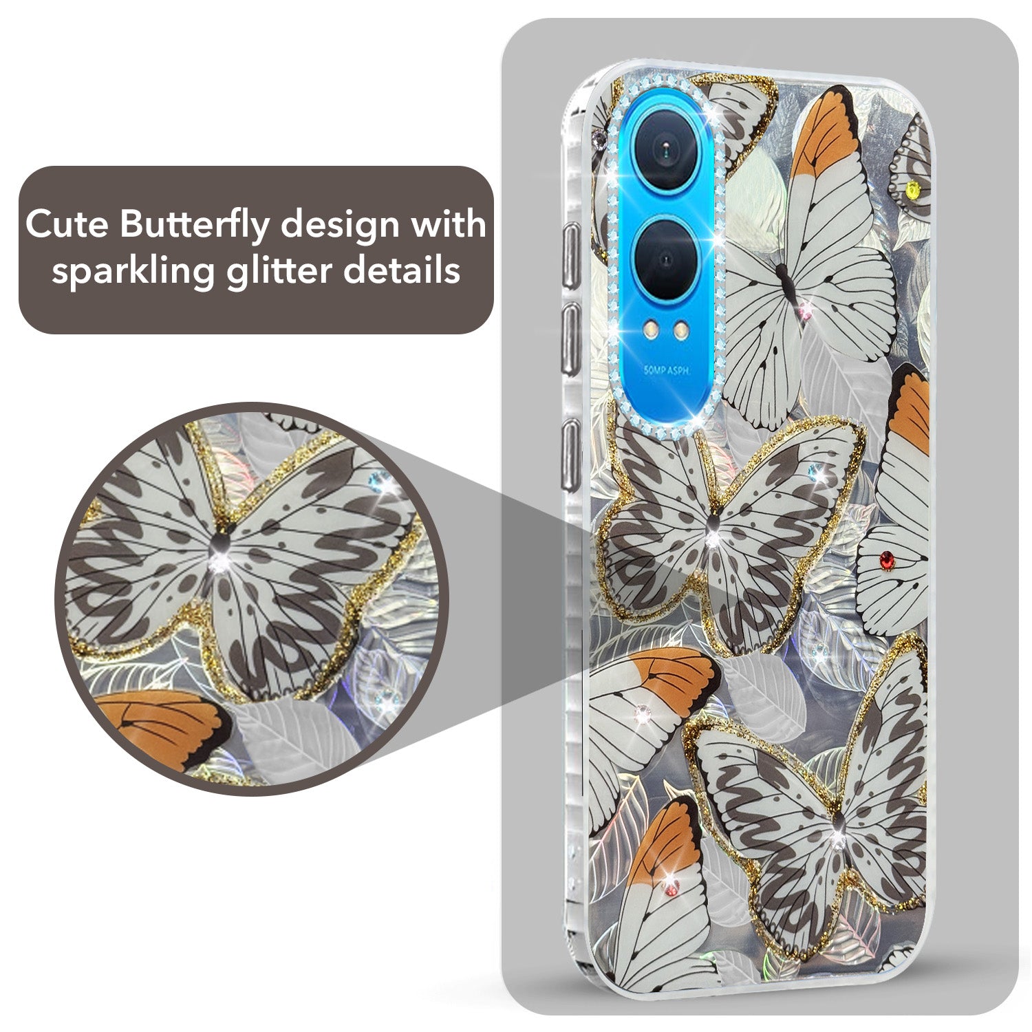 For OnePlus Nord CE 4 Lite Back Cover Case (Luxury Floral Glitter Cute Butterfly | Diamond Studded Camera Bump | Girls & Women Design)
