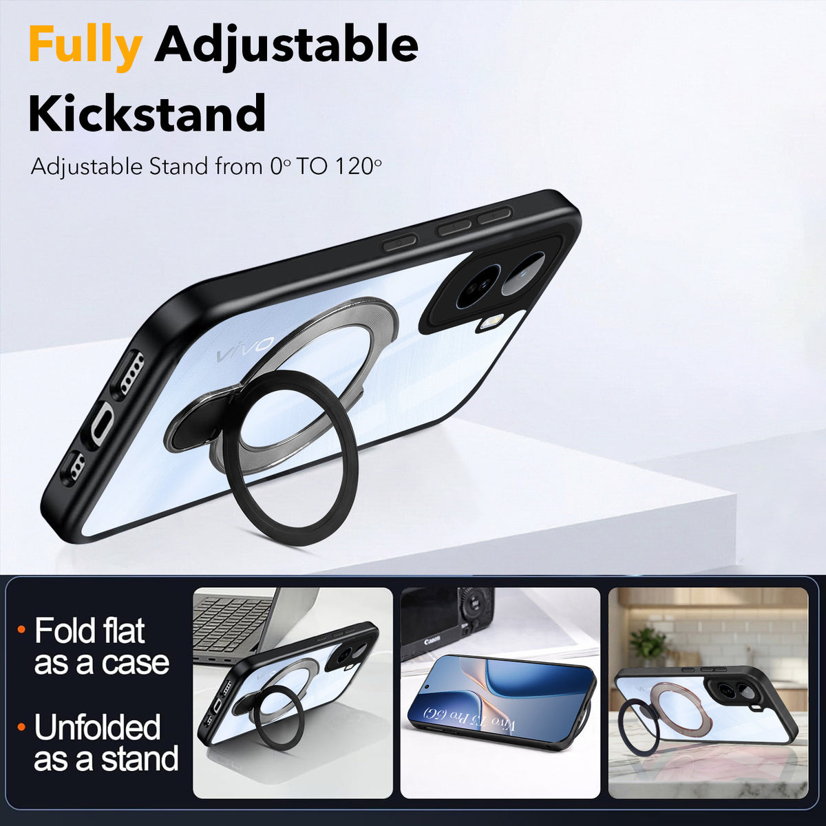 For Vivo T5 Pro Back Cover Case (Kick Stand Ring Holder | Life time Anti Yellow | Camera Protection)