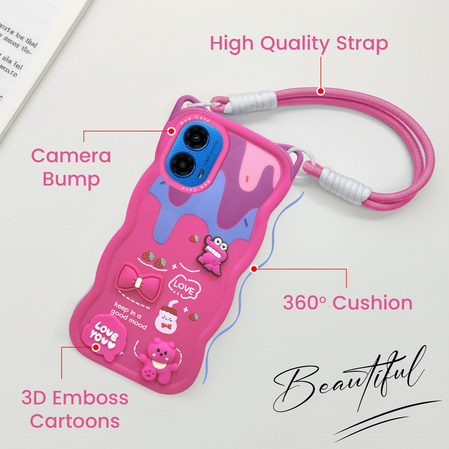 For Motorola Moto G45 Back Case Cover Strap (3D embossed Figures | Strap Holder | 360* Soft Cushion with Camera Bump)