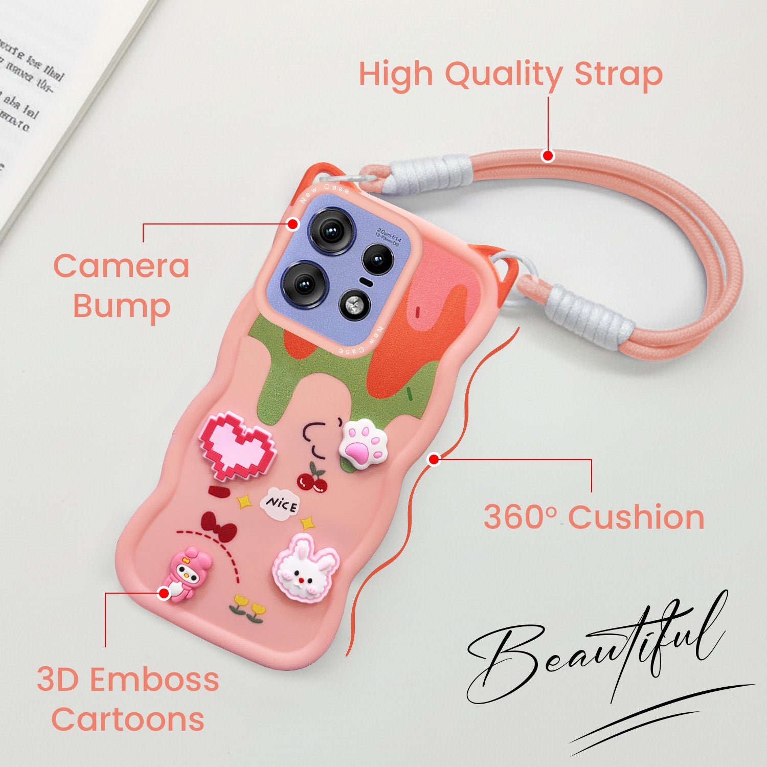 For Motorola Moto Edge 50 Pro Back Case Cover Strap (3D embossed Figures | Strap Holder | 360* Soft Cushion with Camera Bump)