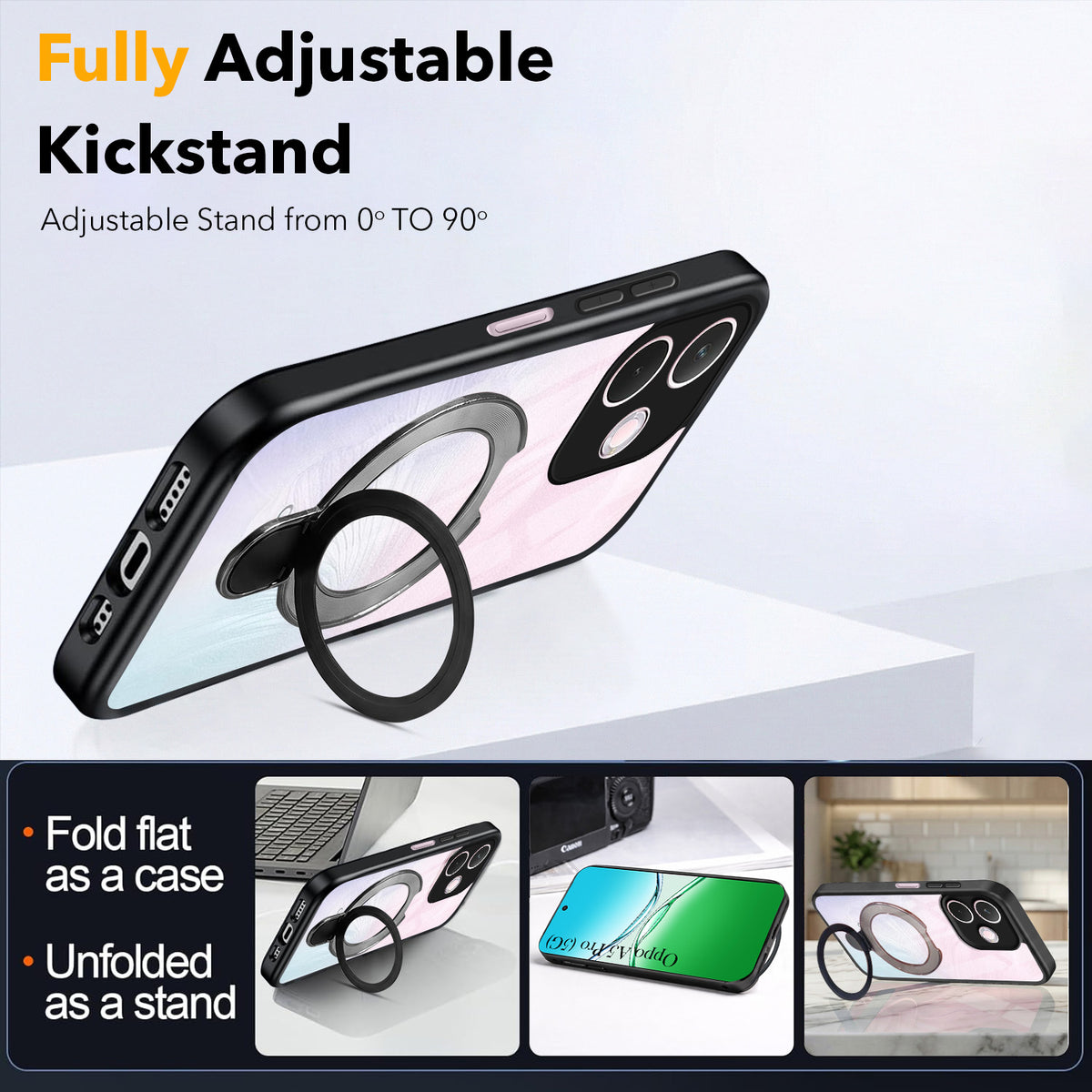 For Oppo A5 Pro Back Cover Case (Kick Stand Ring Holder | Life time Anti Yellow | Camera Protection)
