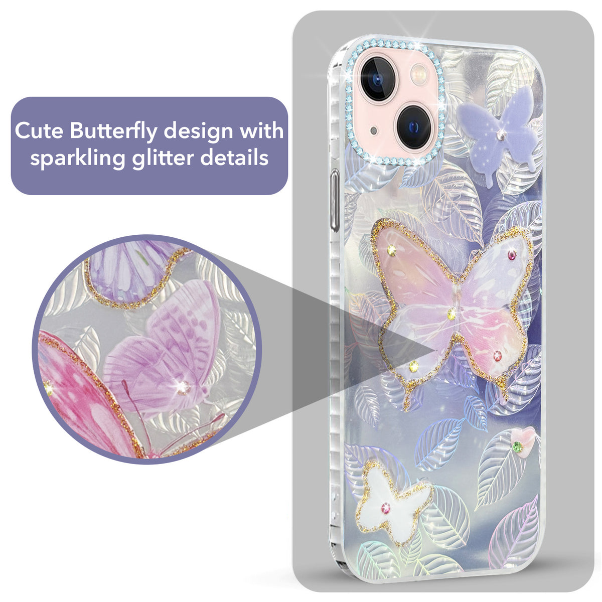 For Apple iPhone 14 Plus Back Cover Case (Luxury Floral Glitter Cute Butterfly | Diamond Studded Camera Bump | Girls & Women Design)