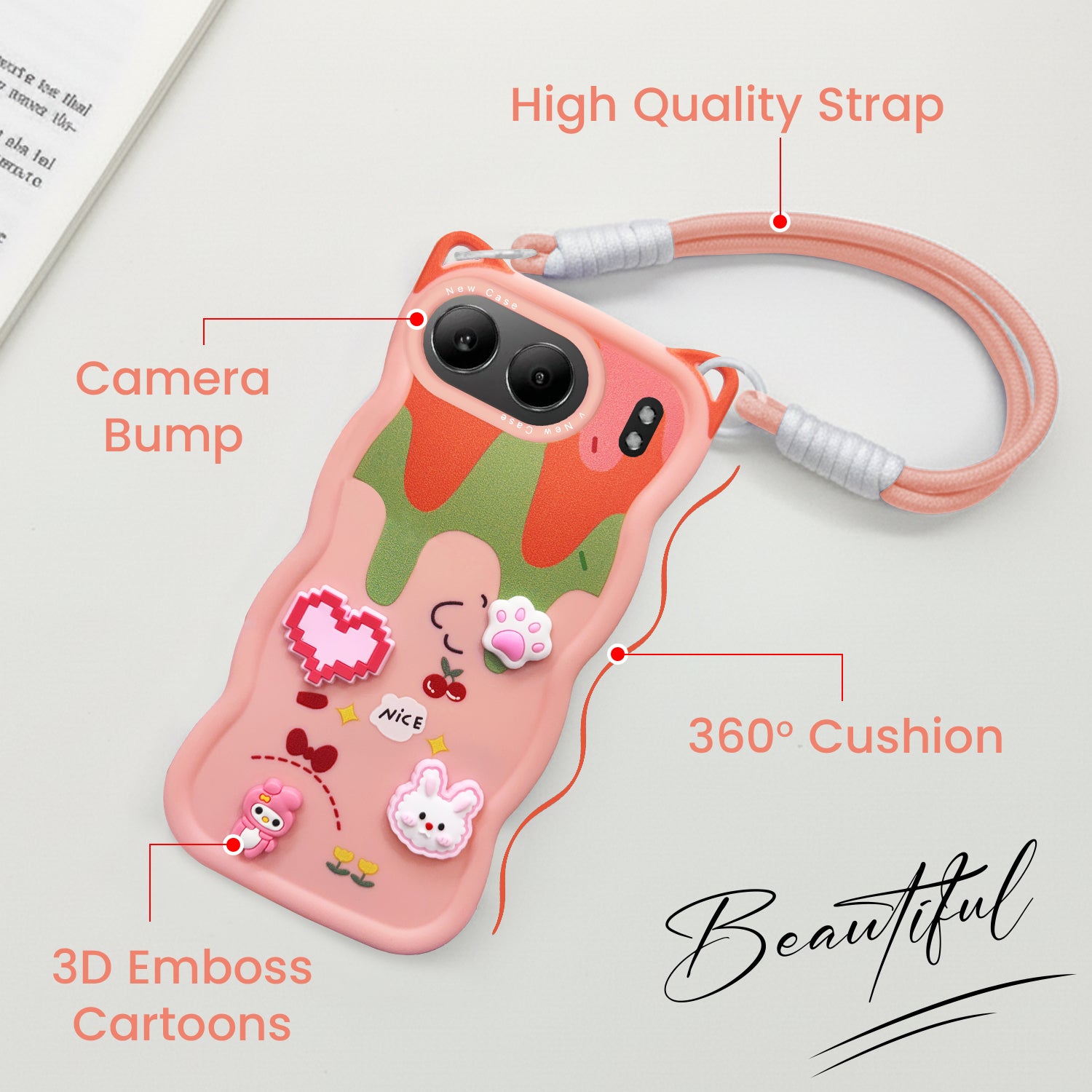 For Oneplus Nord 4 Back Case Cover Strap (3D embossed Figures | Strap Holder | 360* Soft Cushion with Camera Bump)