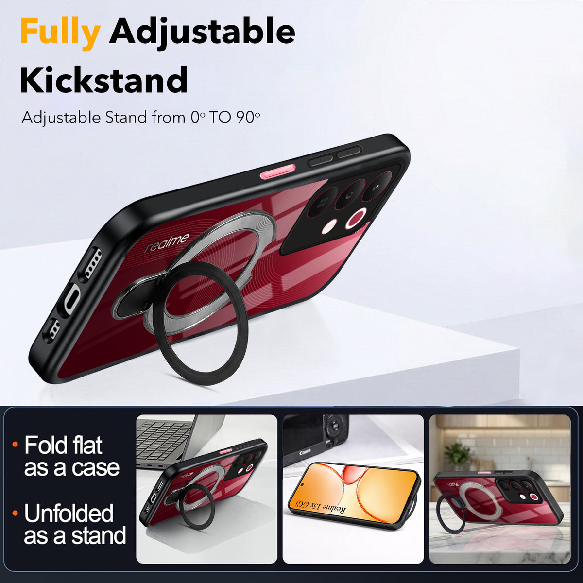 For Realme 15X Back Cover Case (Kick Stand Ring Holder | Life time Anti Yellow | Camera Protection)
