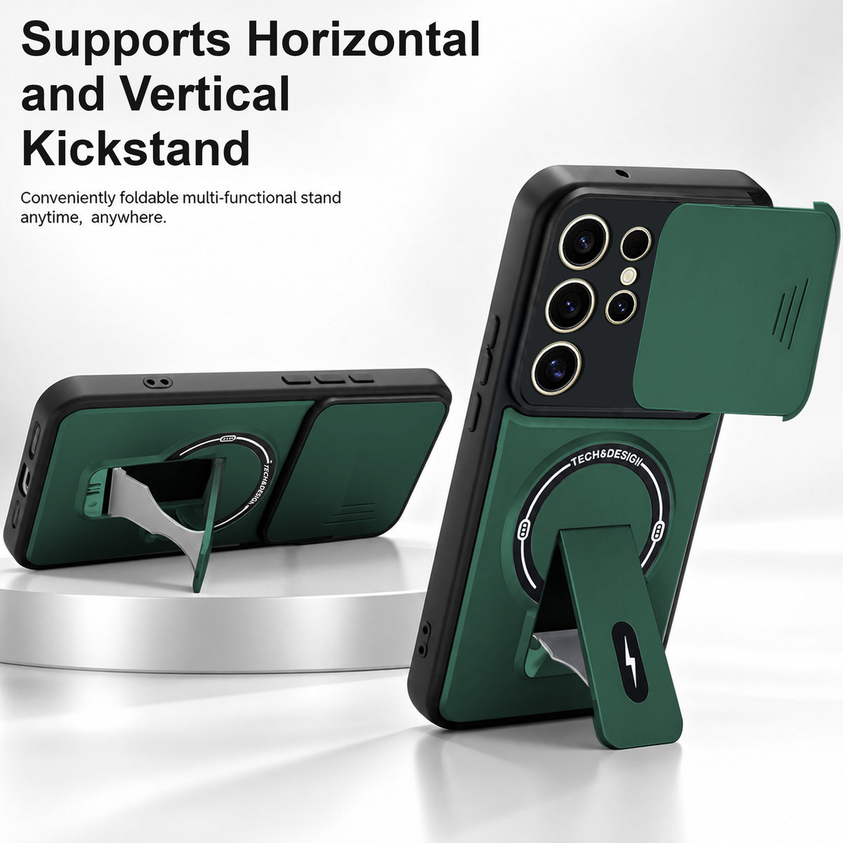 For Samsung Galaxy S24 Ultra Back Case Cover Metallic (Hybrid Armor Kickstand | Sliding Shutter Camera Protection | MagSafe Compatible)
