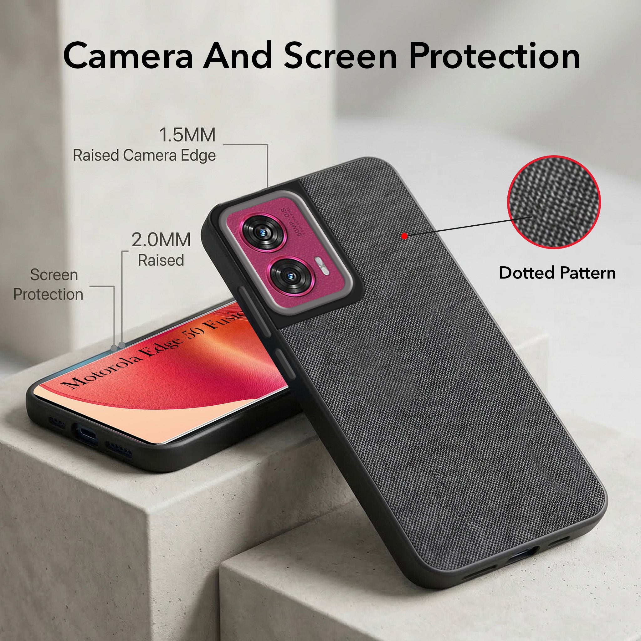 For Motorola Moto Edge 50 Fusion Combo with Back Cover and 9H Tempered Glass (Textured Grip Design | Micro-Fiber Cloth Inside | Oleophobic Coating Screen Glass)