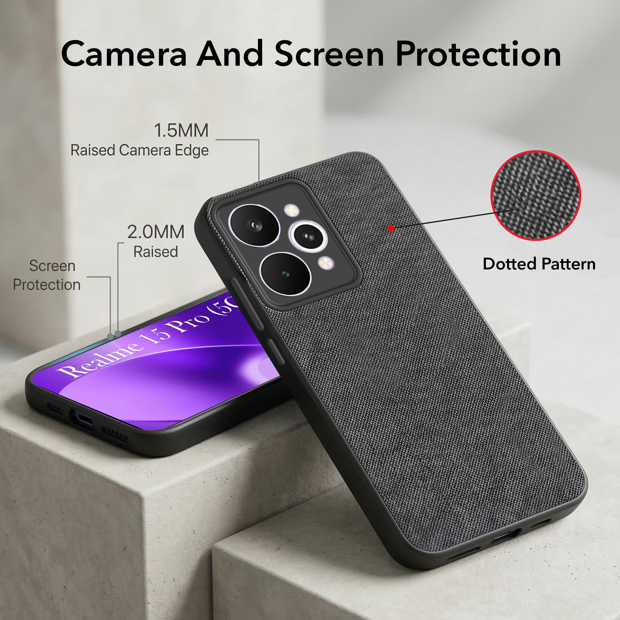 For Realme 15 Pro Combo with Back Cover and 9H Tempered Glass (Textured Grip Design | Micro-Fiber Cloth Inside | Oleophobic Coating Screen Glass)