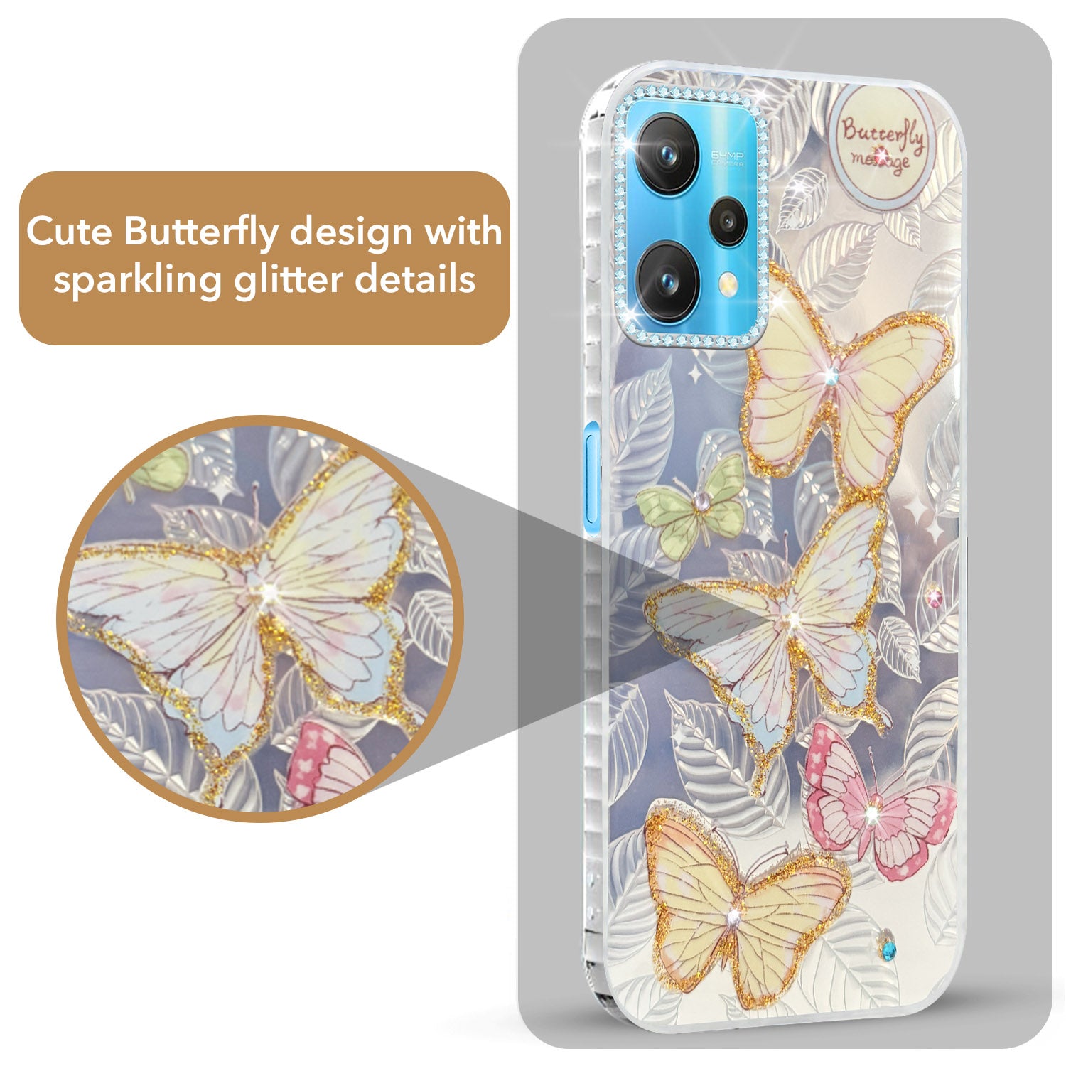 For Realme 9 Pro Back Cover Case (Luxury Floral Glitter Cute Butterfly | Diamond Studded Camera Bump | Girls & Women Design)