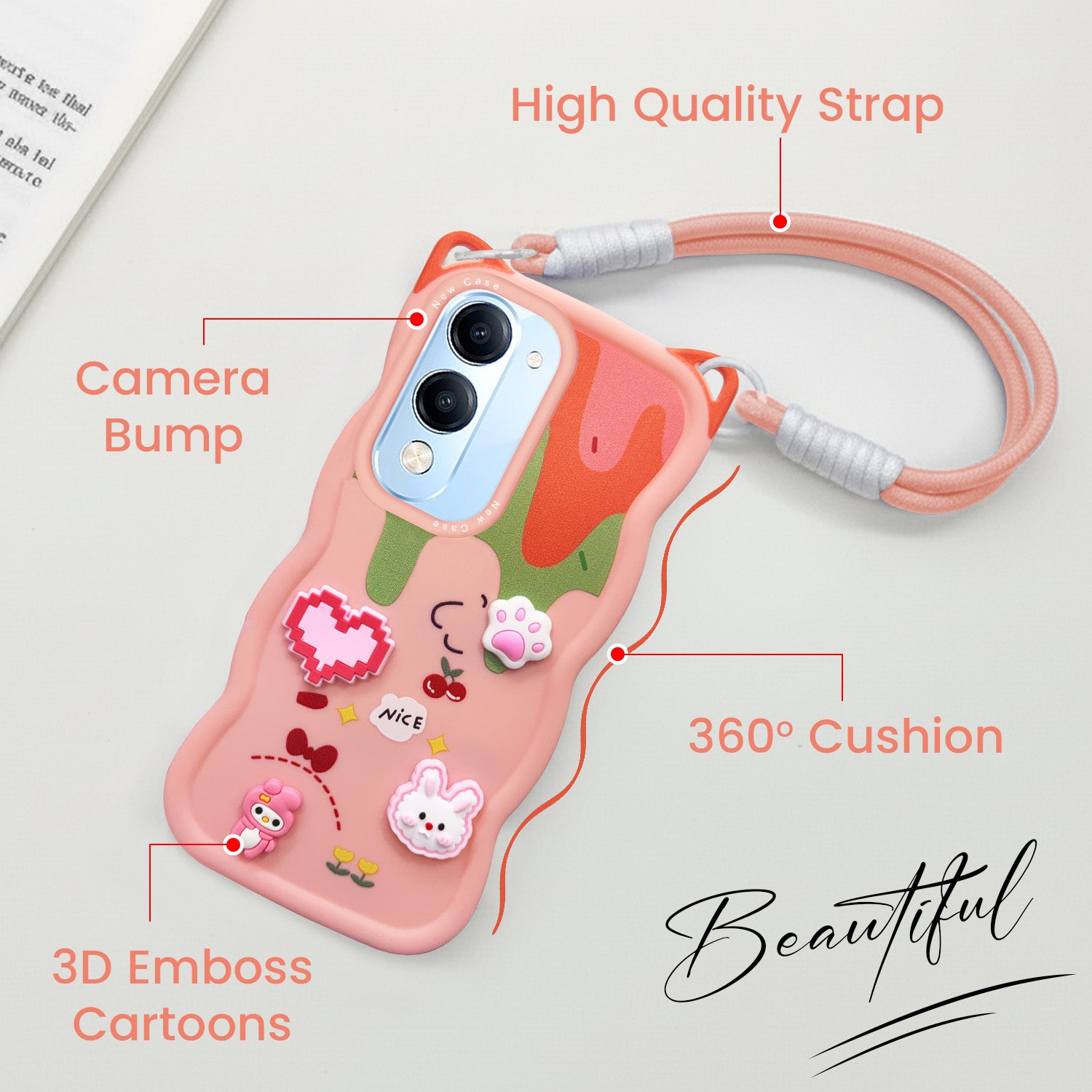 For Vivo iQOO Z10 Lite Back Case Cover Strap (3D Embossed Figures | Strap Holder | 360* Soft Cushion with Camera Bump)