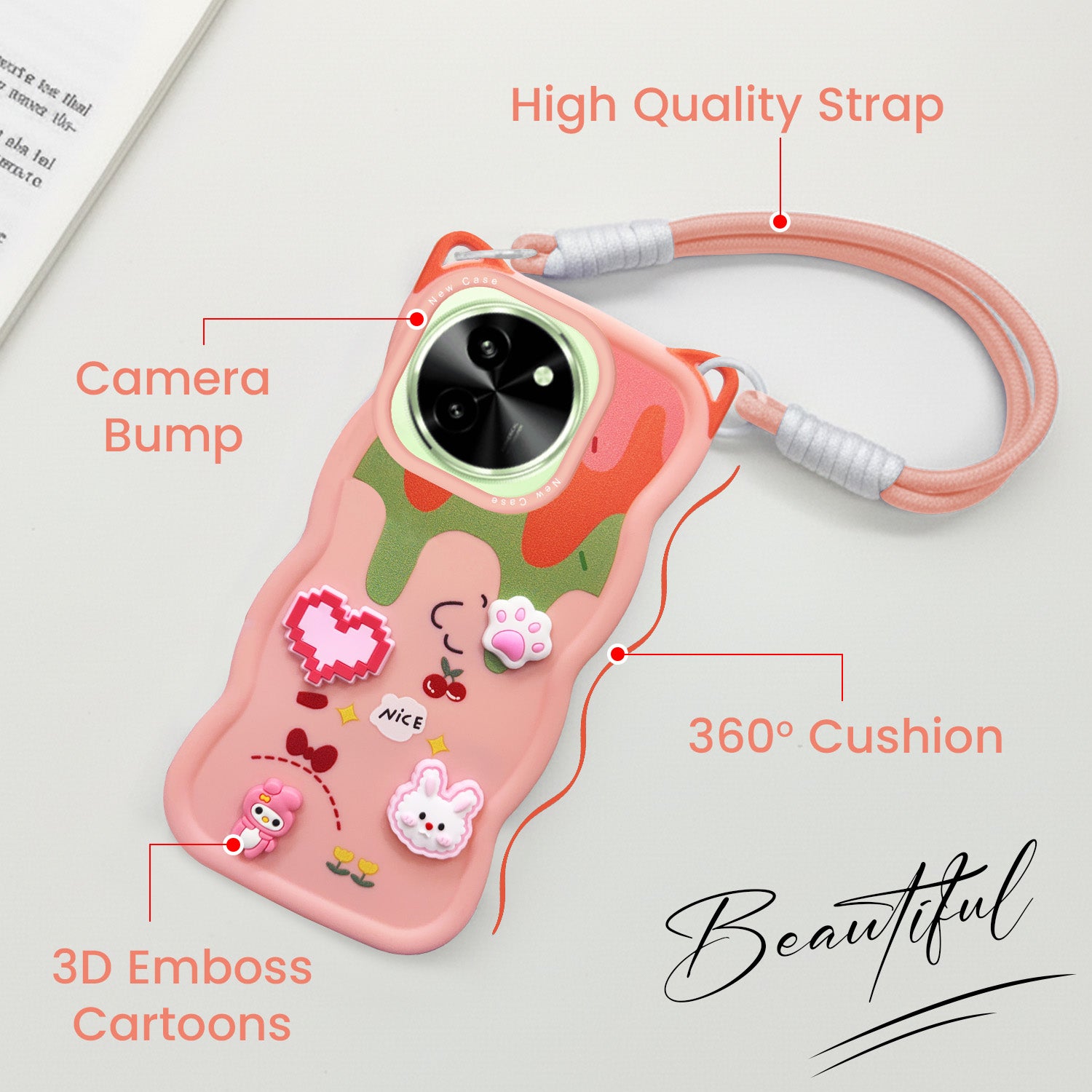 For Vivo T3X 5G Back Case Cover Strap (3D Embossed Figures | Strap Holder | 360* Soft Cushion with Camera Bump)