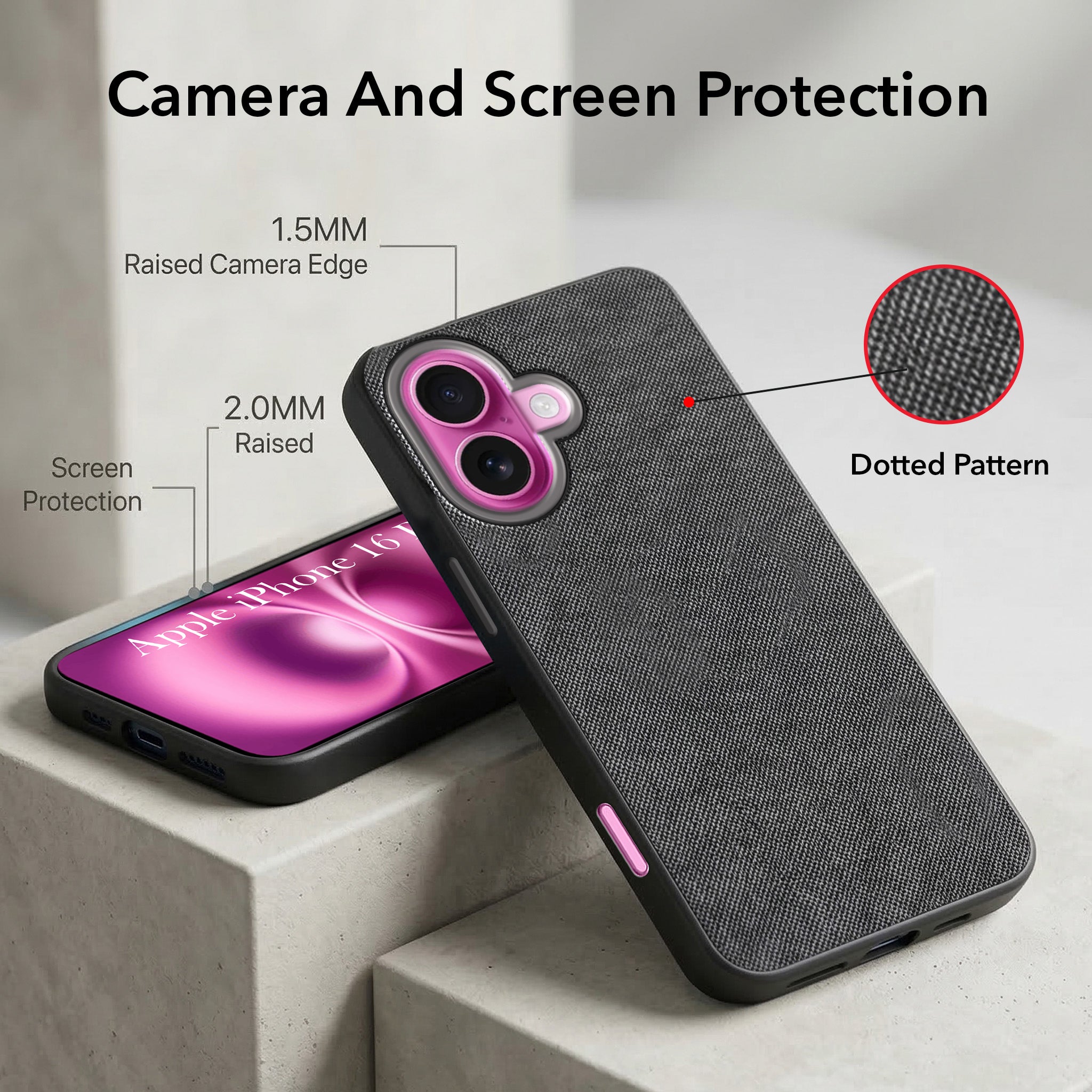 For Apple iPhone 16 Plus Combo with Back Cover and 9H Tempered Glass (Textured Grip Design | Micro-Fiber Cloth Inside | Oleophobic Coating Screen Glass)
