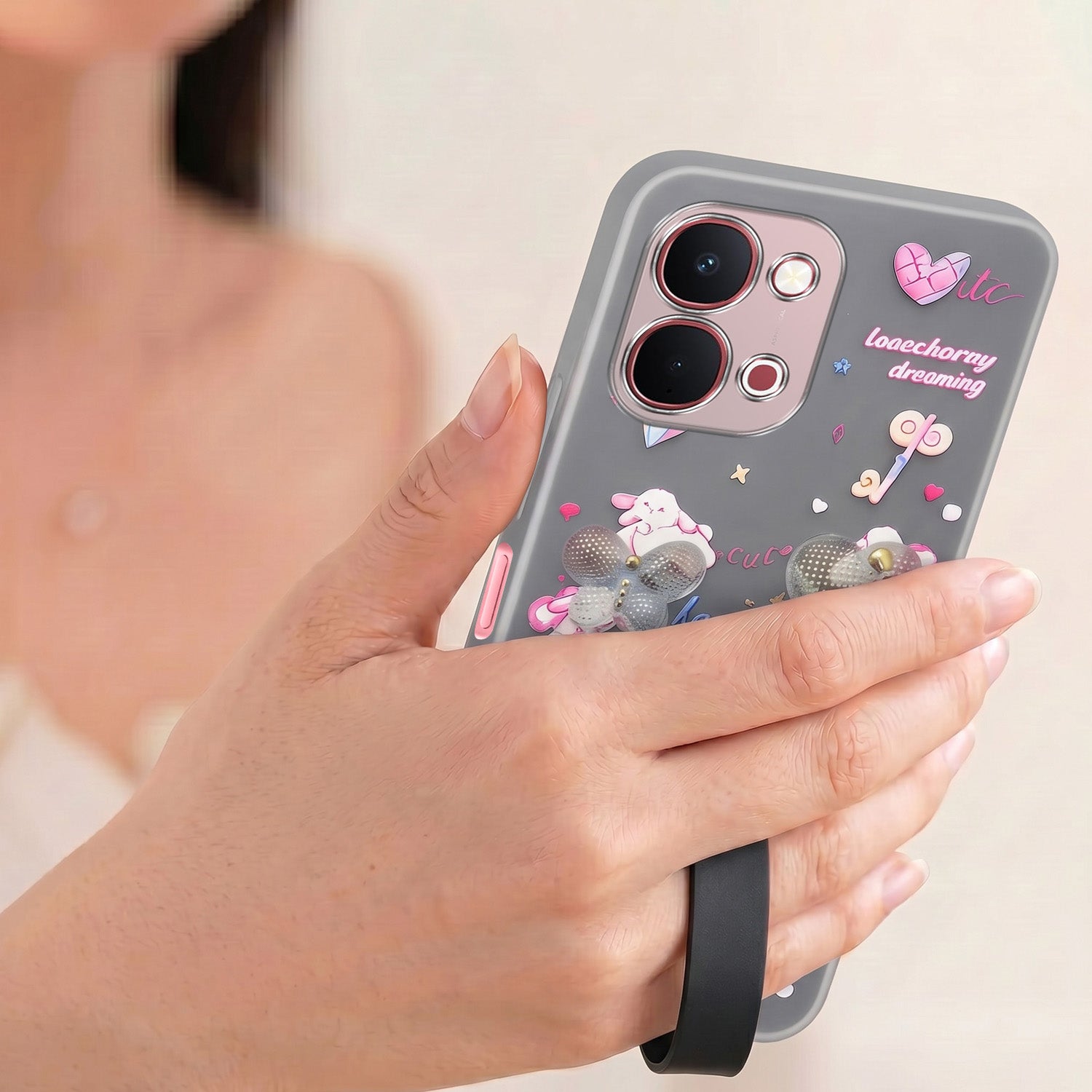 For Vivo Y51 Pro 5G | Vivo T5x Back Cover Case (3D Cute Heart Strap Holder | Camera Protection | Designer Girls Print)