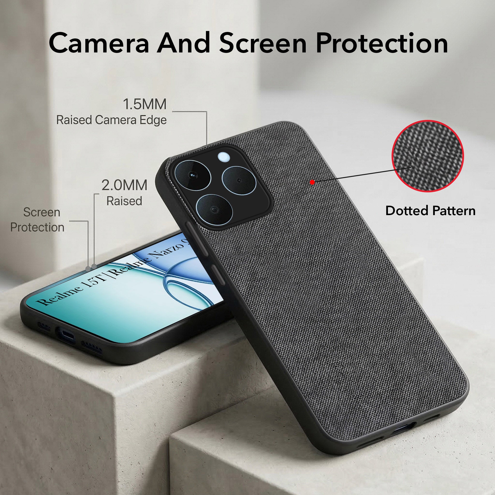 For Realme 15T | Realme Narzo 90 Combo with Back Cover and 9H Tempered Glass (Textured Grip Design | Micro-Fiber Cloth Inside | Oleophobic Coating Screen Glass)