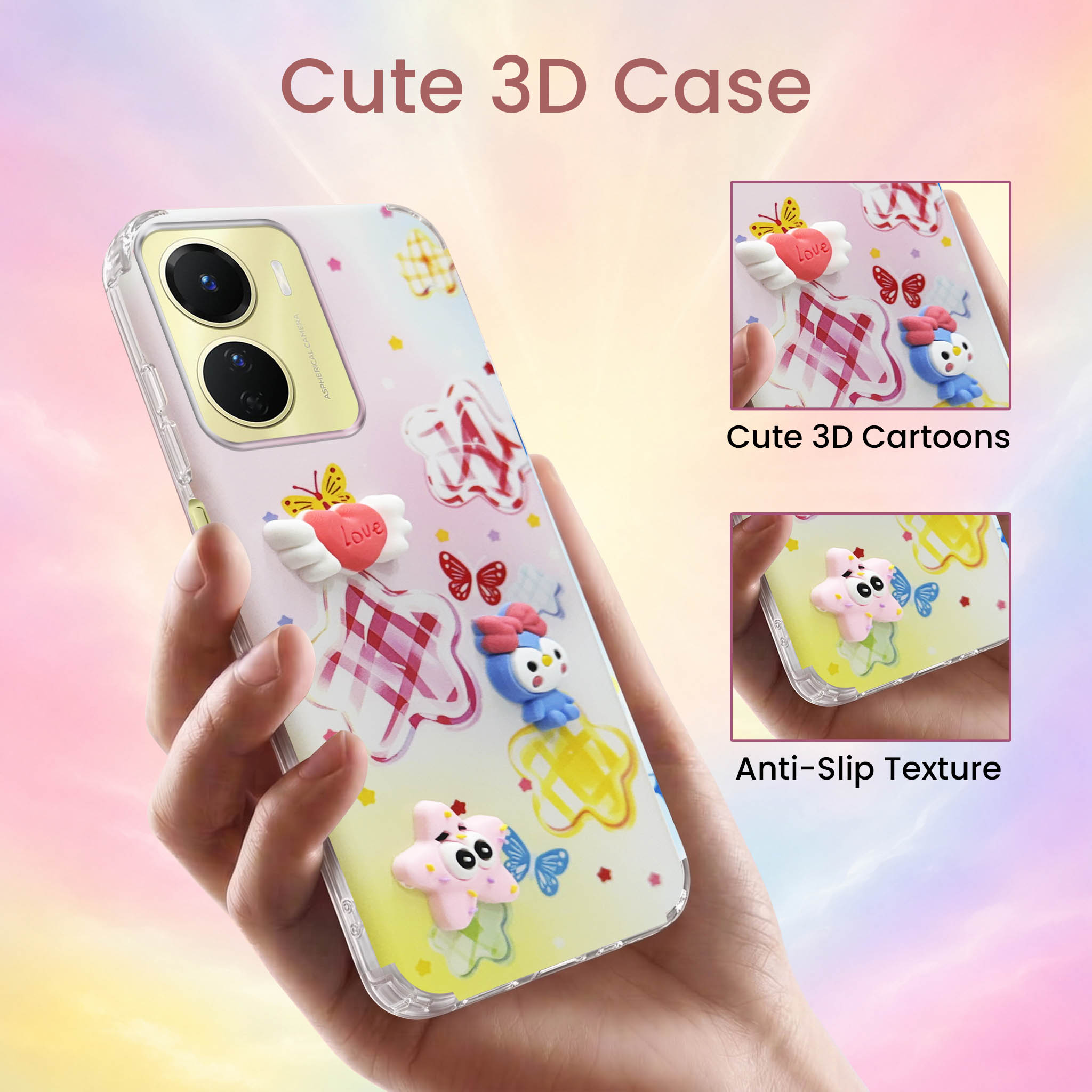 For Vivo Y16 Back Cover Case (3D Cute Cartoons | Hard Back Side Soft | Matte Premium Finish | HD Printing)