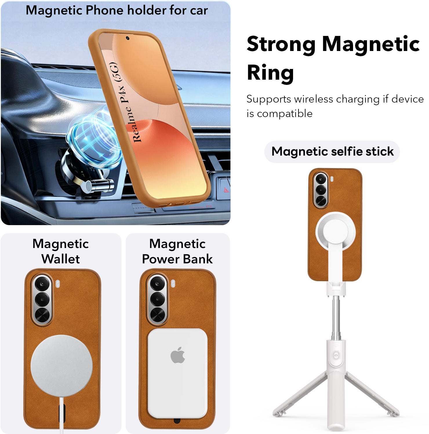 For Realme P4x Back Cover Case Leather Finish (MagSafe Compatible Wireless Charging | Soft Touch | Camera Bump Protection)