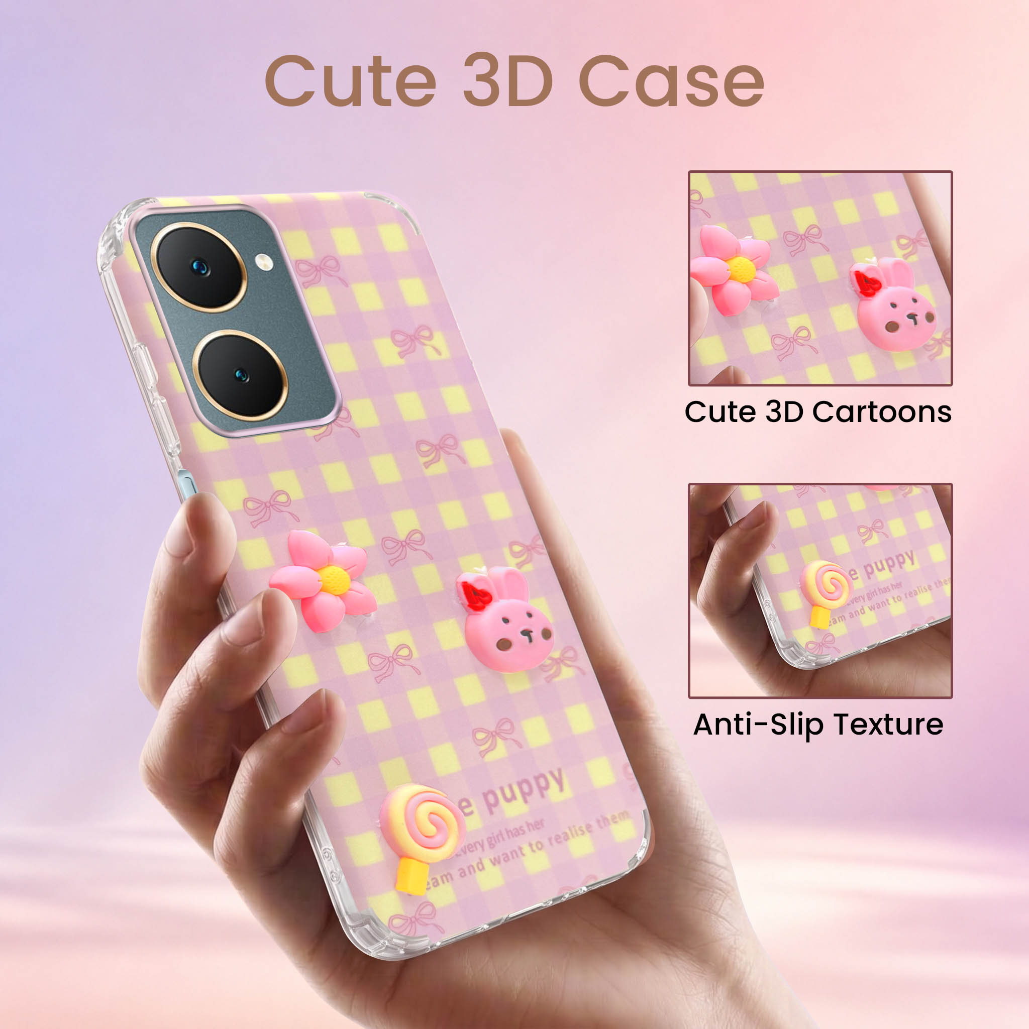 For Vivo Y18 | Y18e | Y03 | Y18i | Y18t Back Cover Case (3D Cute Cartoons | Hard Back Side Soft | Matte Premium Finish | HD Printing)
