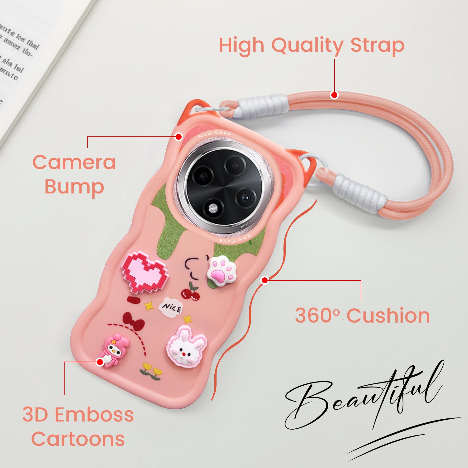 For Oppo F27 Pro | Oppo F27 Pro Plus Back Case Cover Strap (3D embossed Figures | Strap Holder | 360* Soft Cushion with Camera Bump)